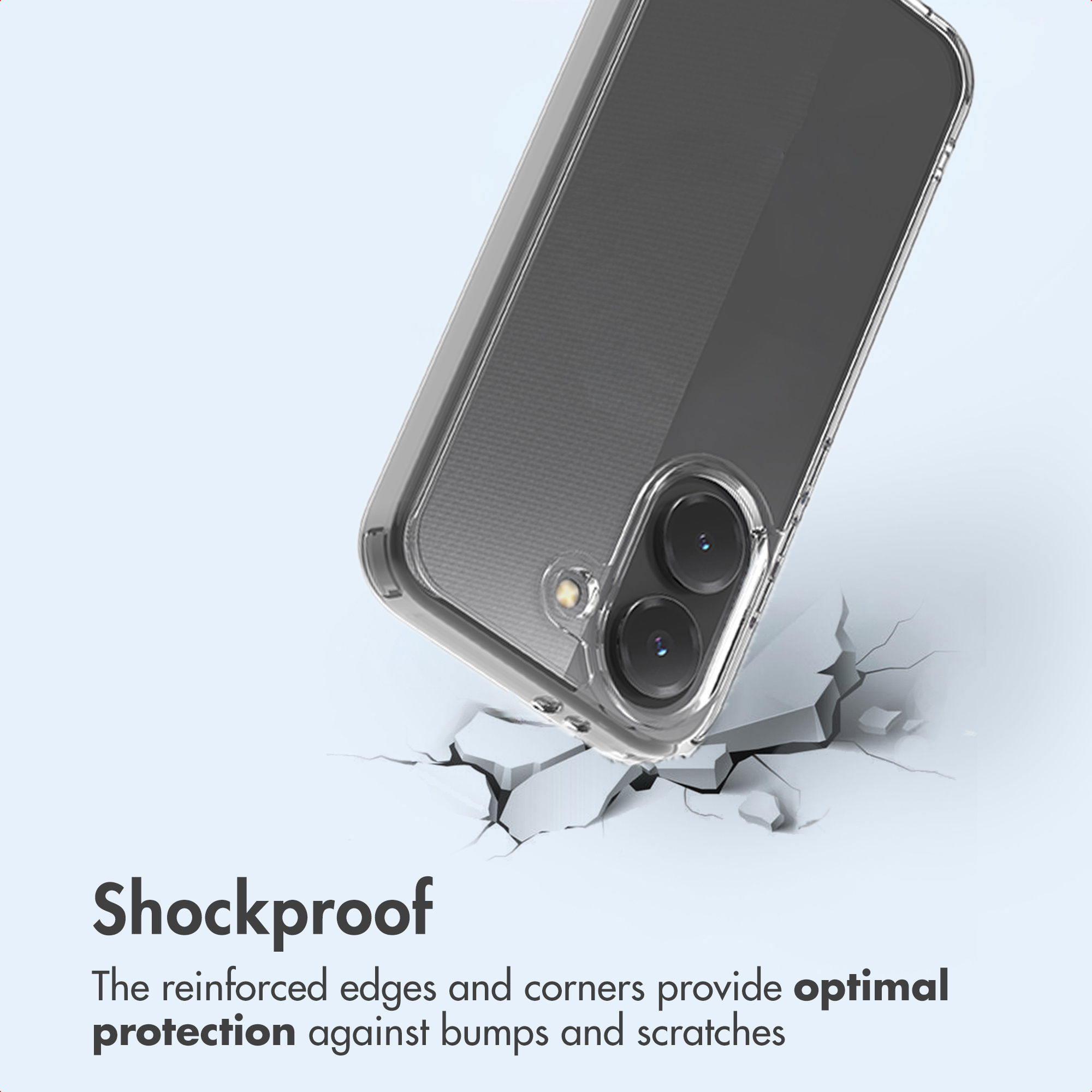 Funda de móvil transparente a prueba de golpes golpeando una superficie agrietada, con texto abajo.