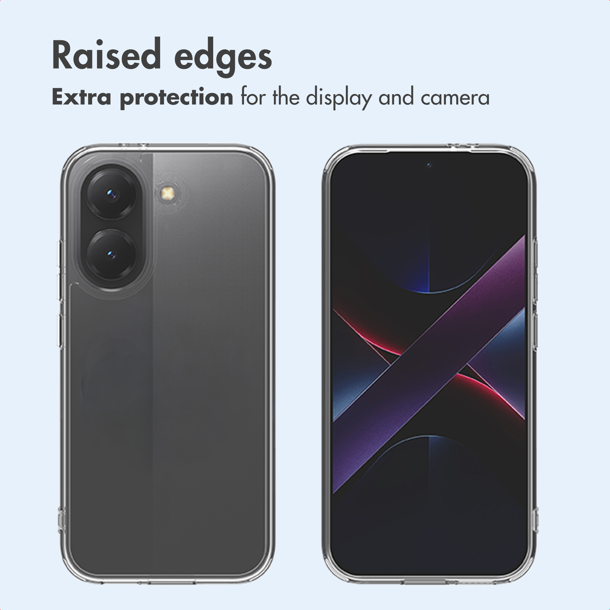 Dos vistas de un smartphone con funda protectora transparente y bordes elevados para pantalla y cámara.