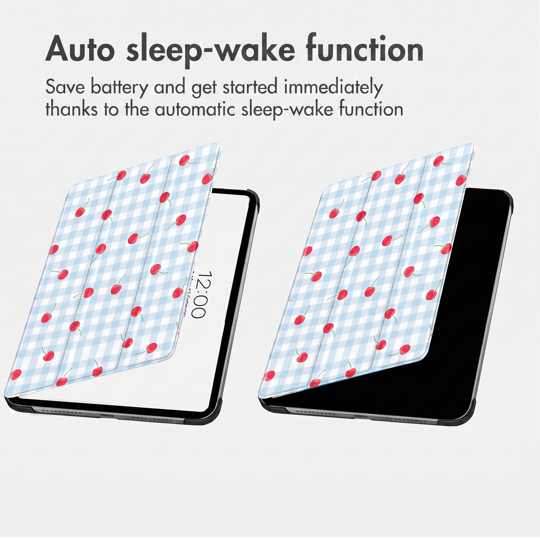Due tablet con cover a quadri blu e bianchi mostrano la funzione di spegnimento e riattivazione automatica.