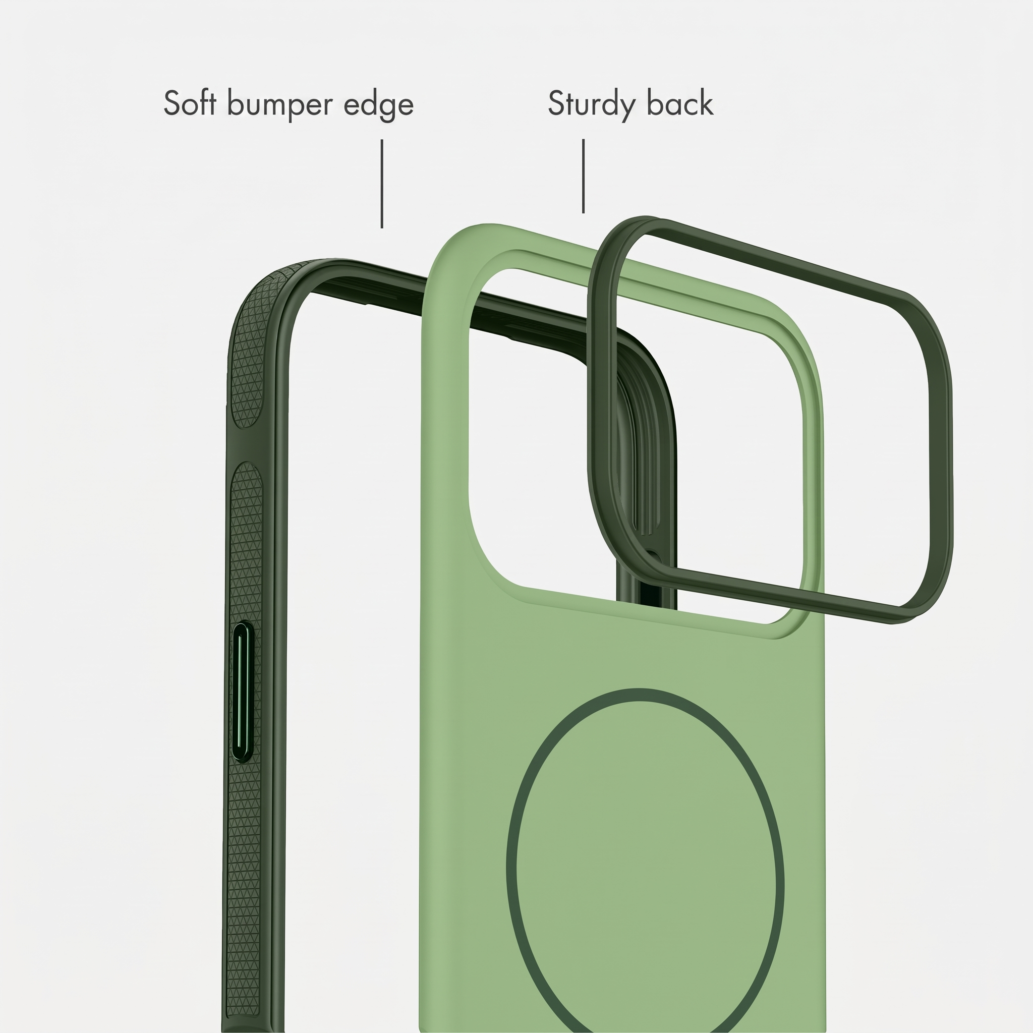 Schema di una custodia per telefono verde con bordo morbido e retro robusto.