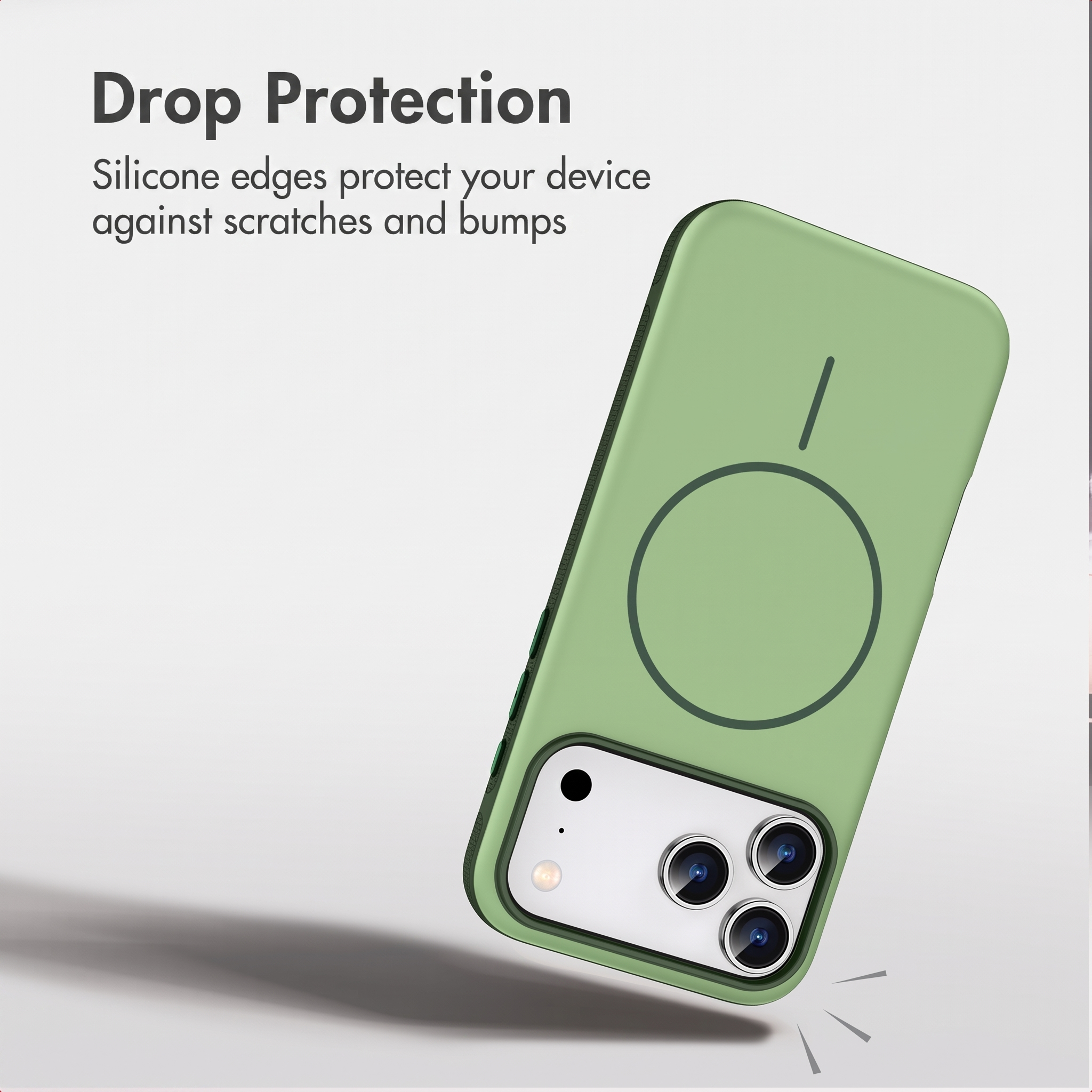 Uno smartphone verde con custodia protettiva e testo sulla protezione contro le cadute.