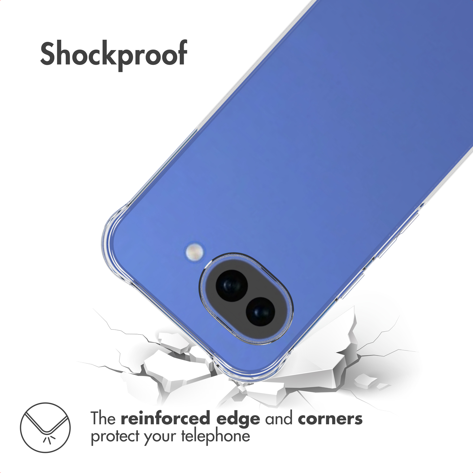 Blue phone case with clear protective edge, dual camera module and flash above cracked ground.