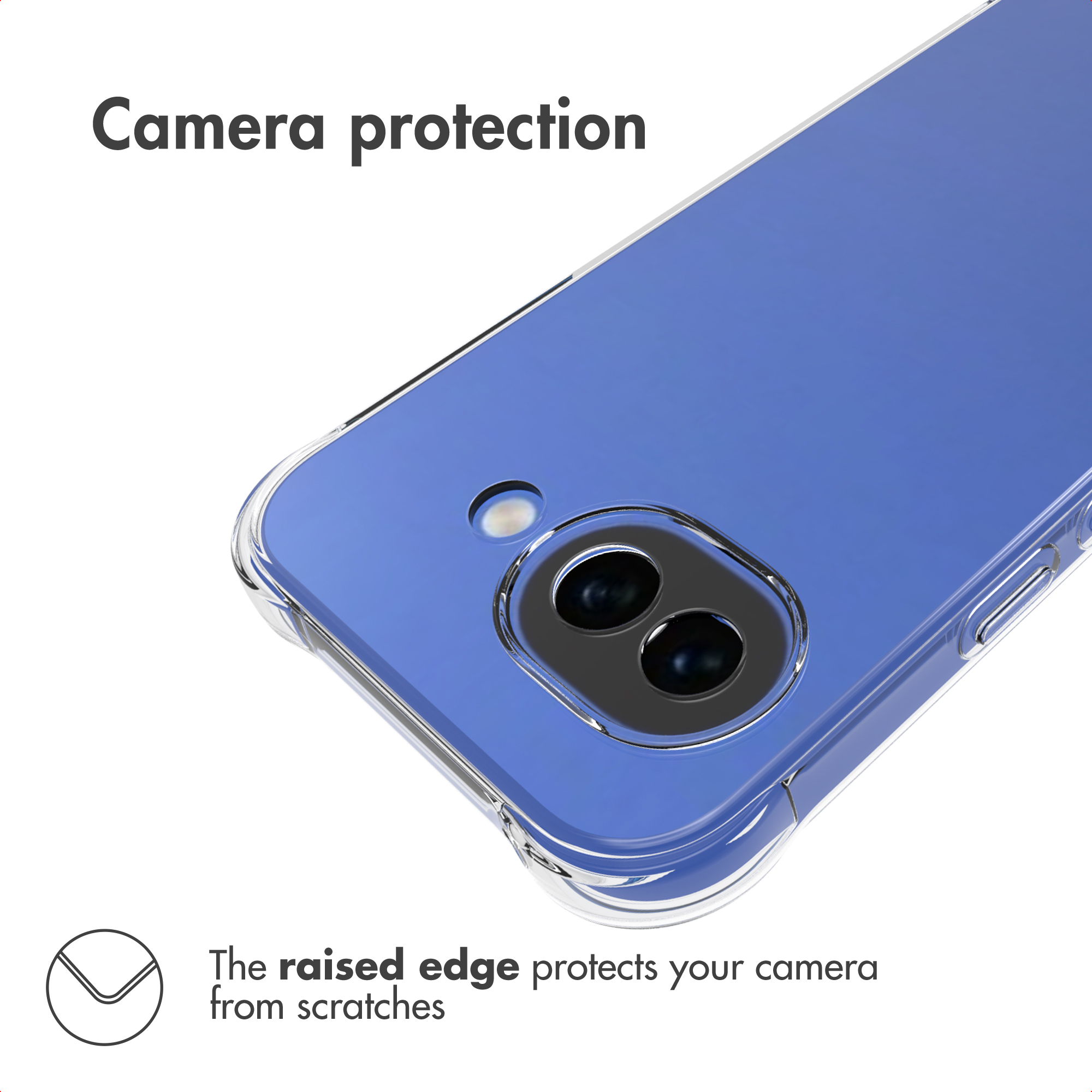 Blue phone case showing dual cameras with a raised edge for scratch protection.
