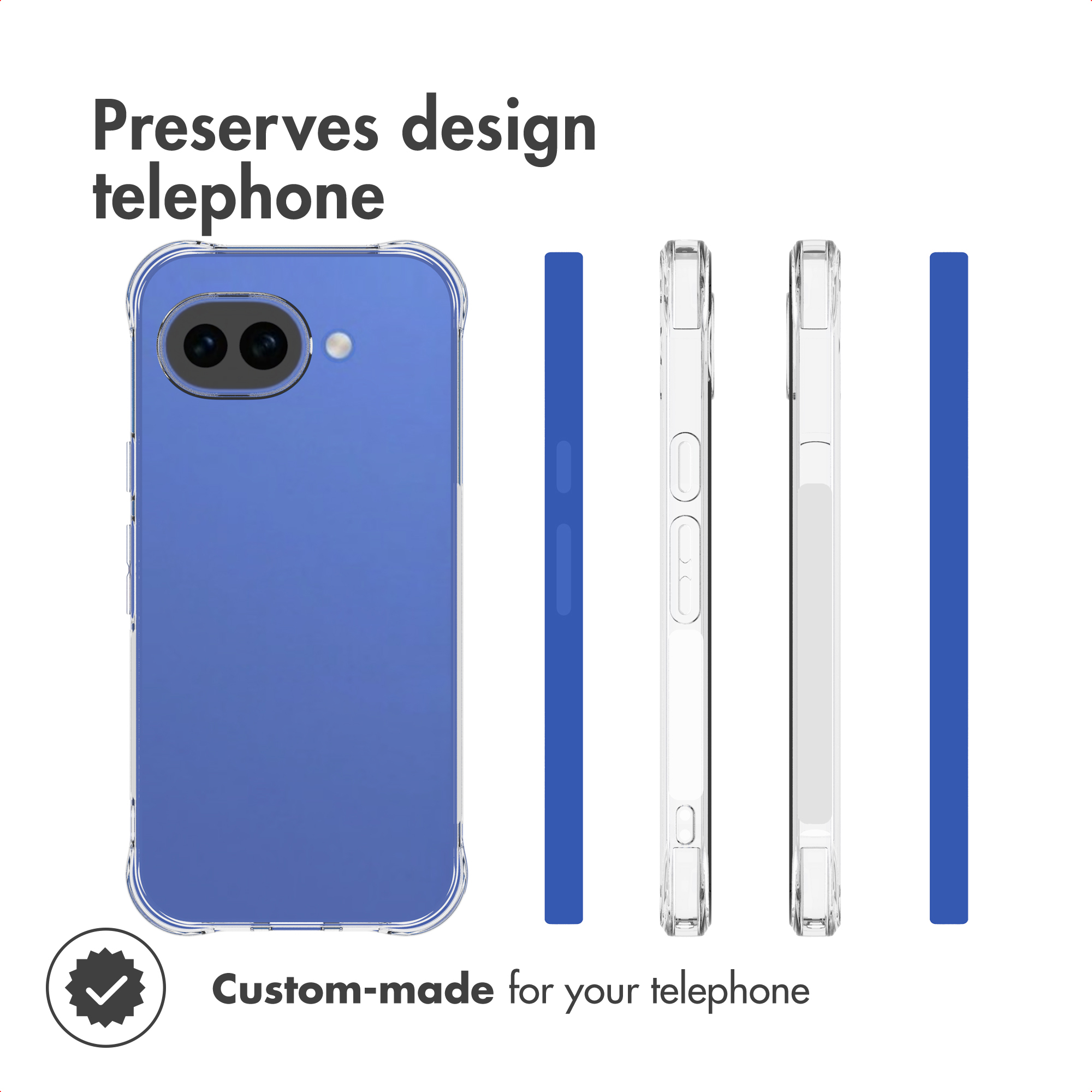 A clear protective phone case on a blue phone showing the back and side profiles with text highlights.