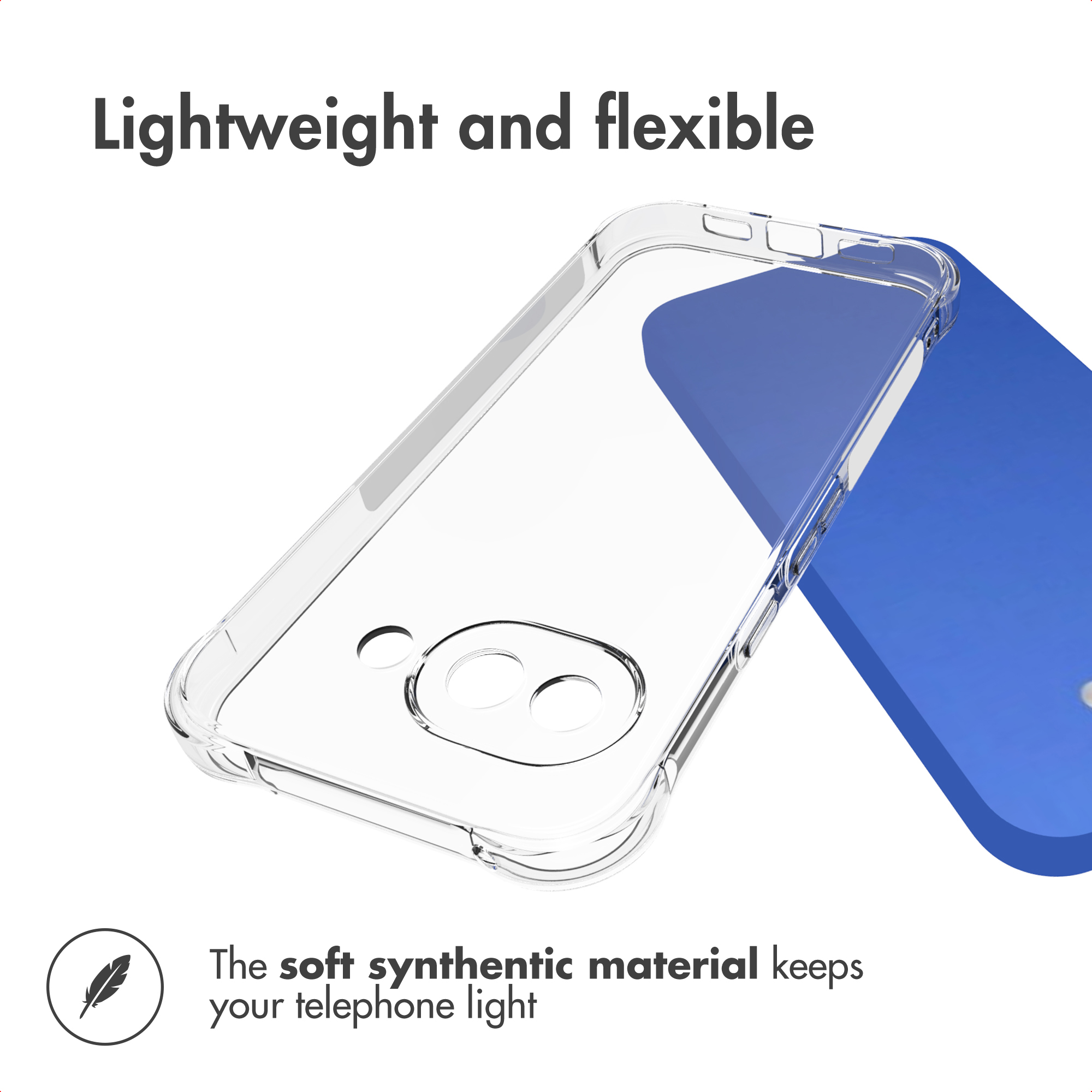 Transparent, flexible protective case for a blue smartphone with text about lightness.
