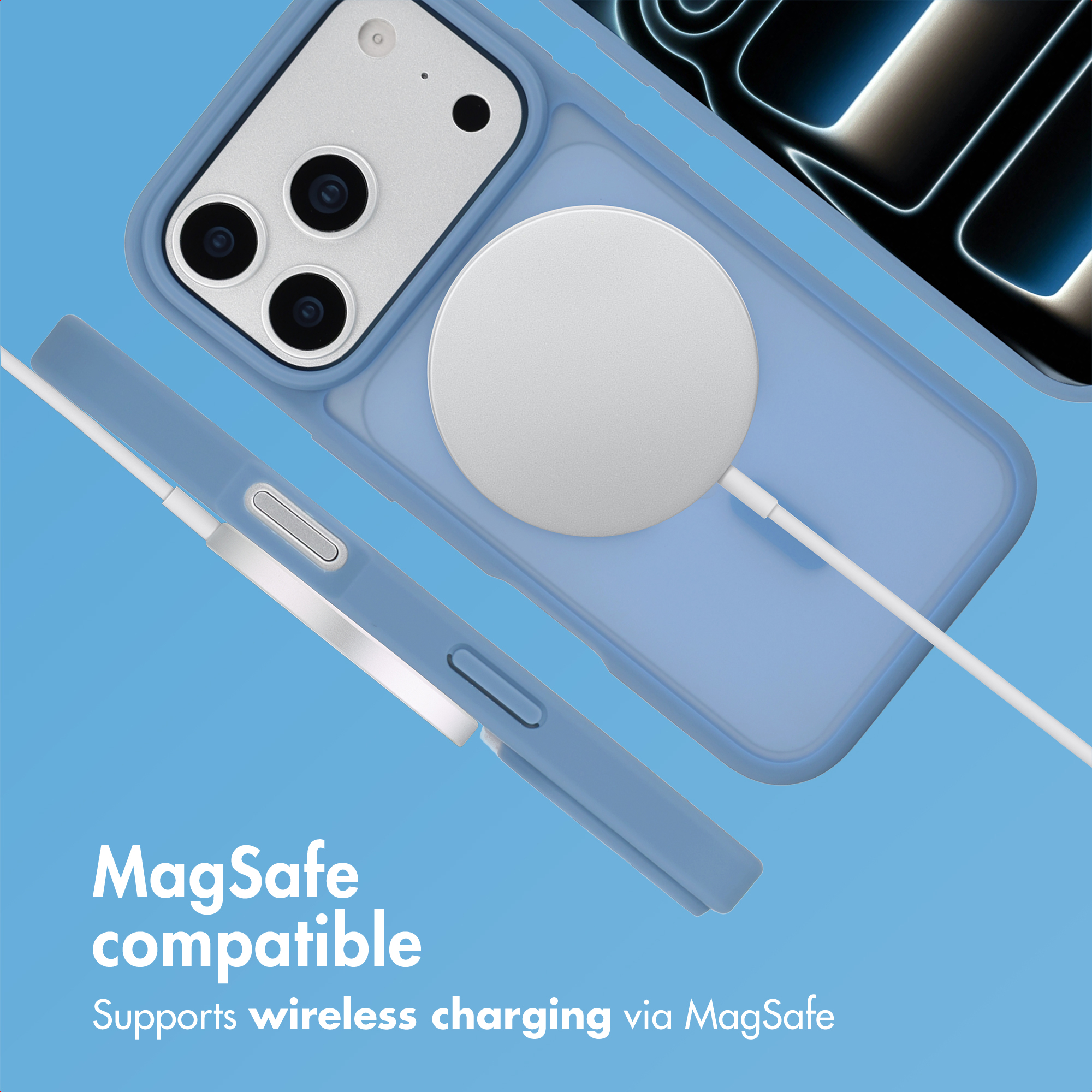 Blue phone case with MagSafe charger on a blue background.