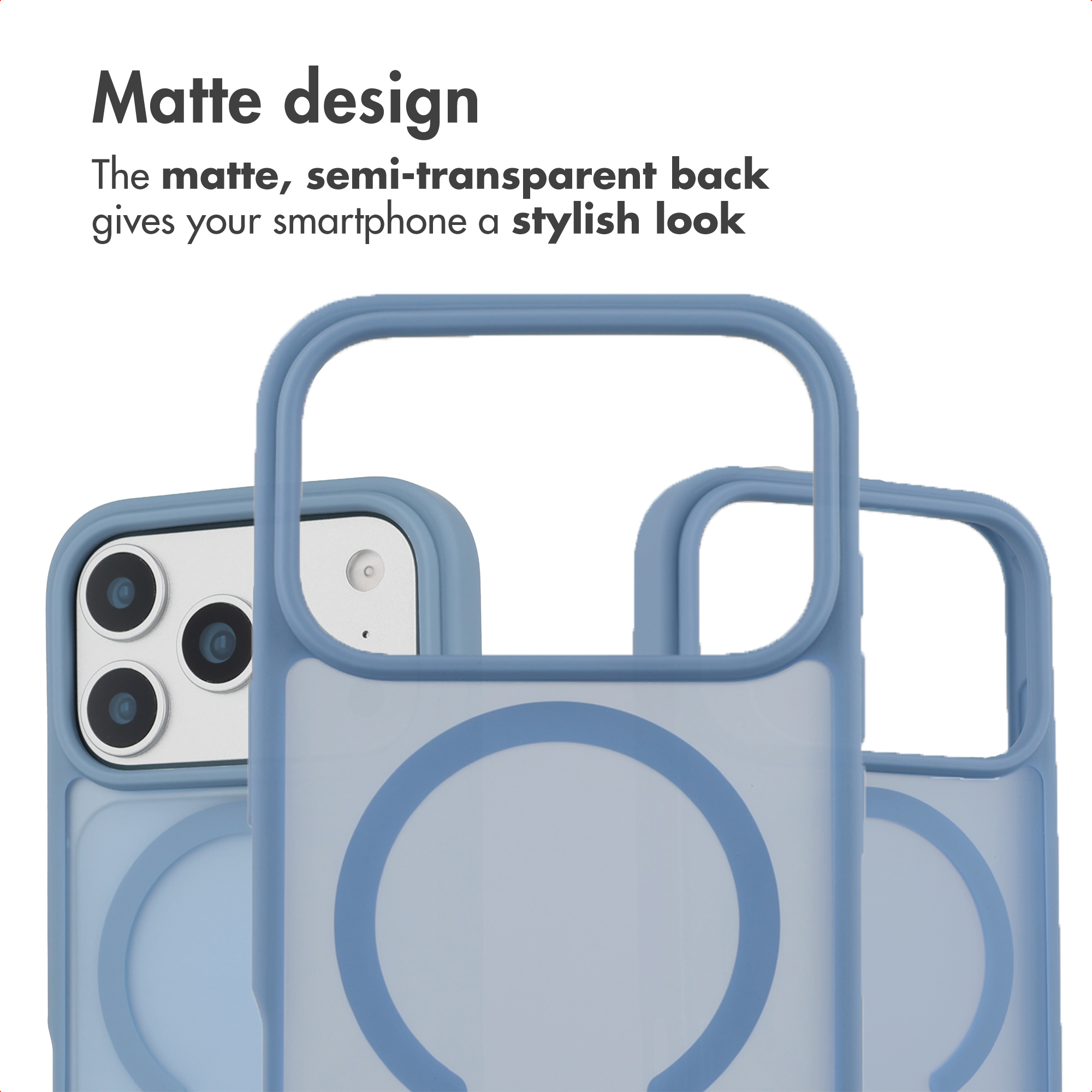 Blue smartphone cases featuring a matte, semi-transparent design with a circular pattern.