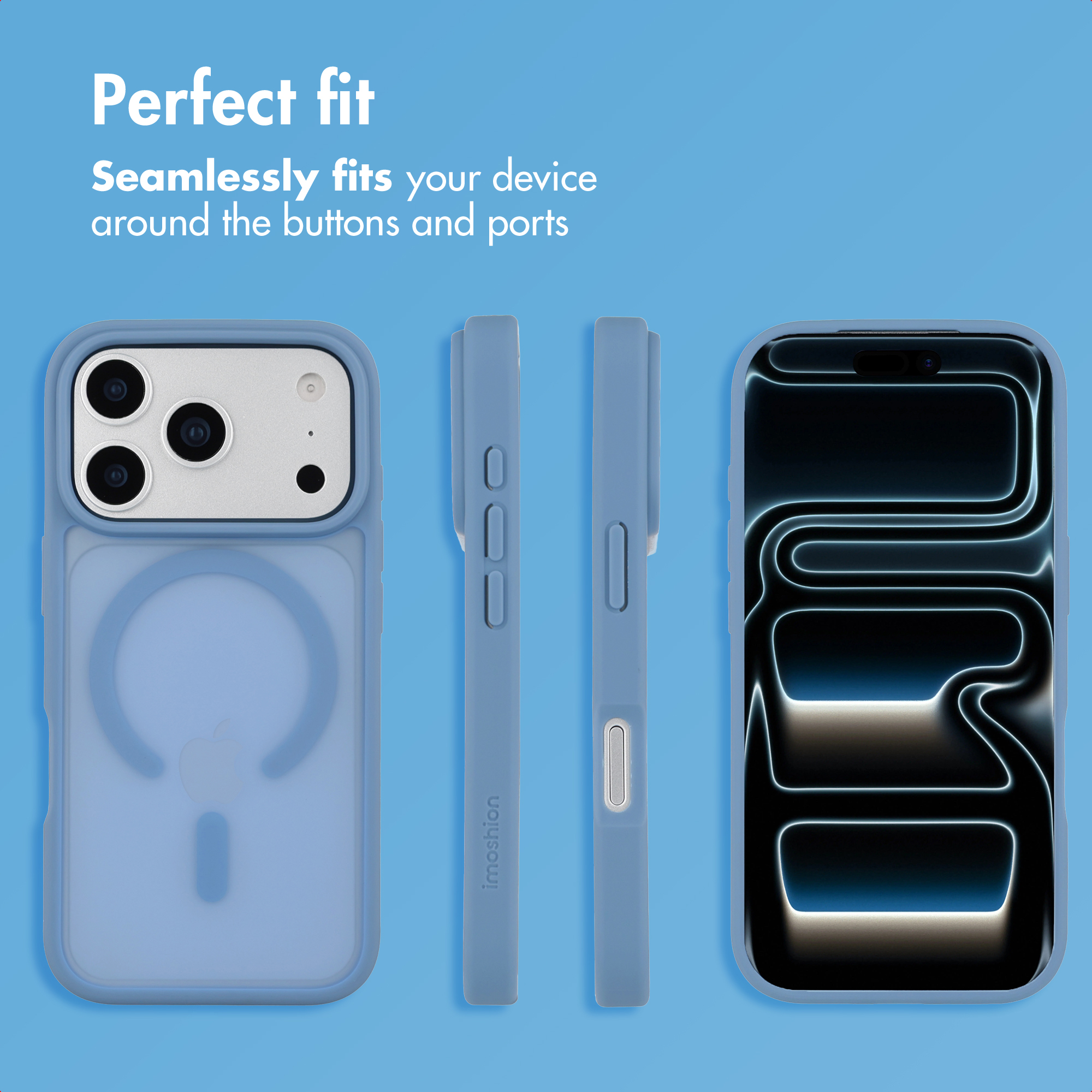 Blue smartphone case shown from multiple angles with text Perfect fit on blue background.