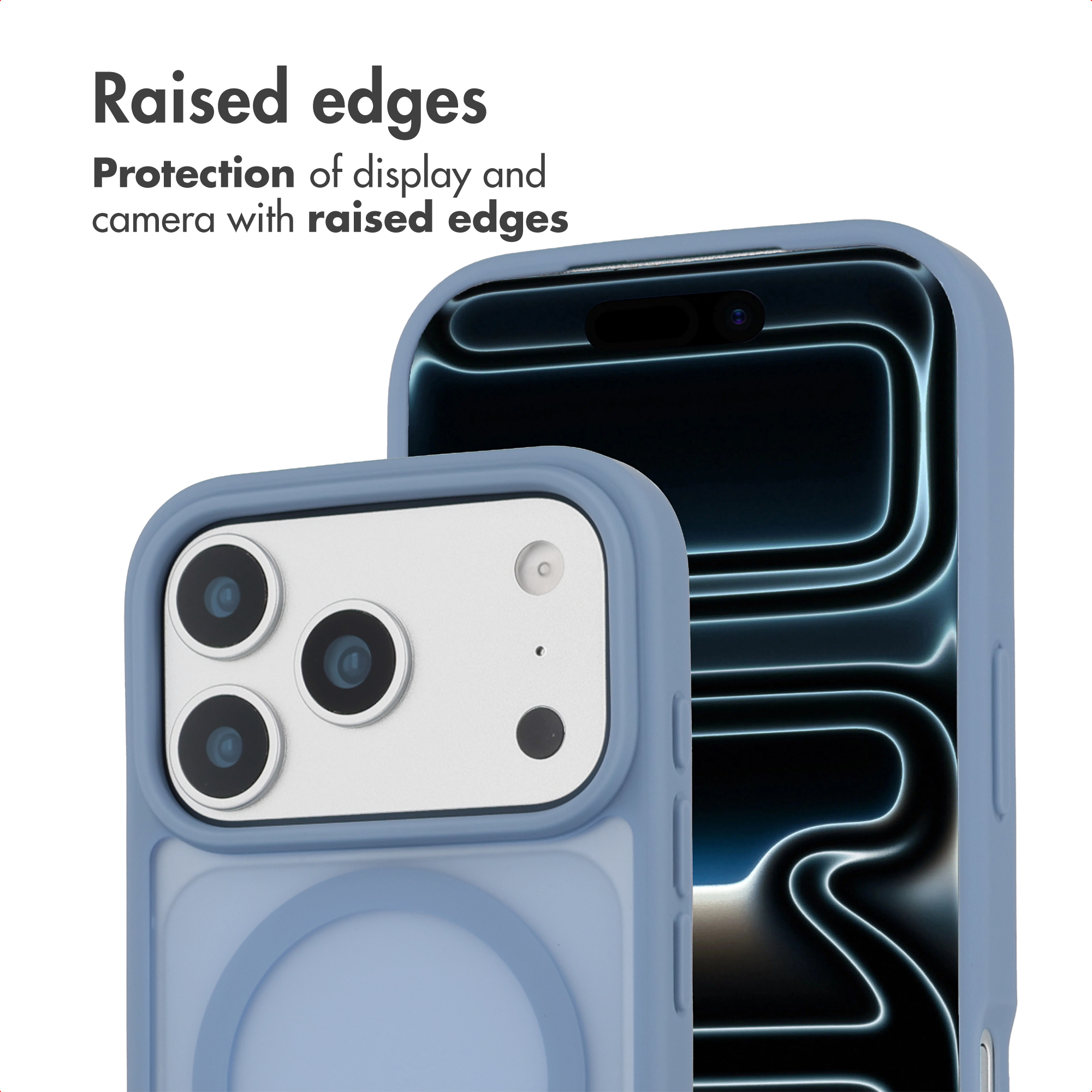 Two light blue phone cases shown to highlight raised edges for camera and display protection.