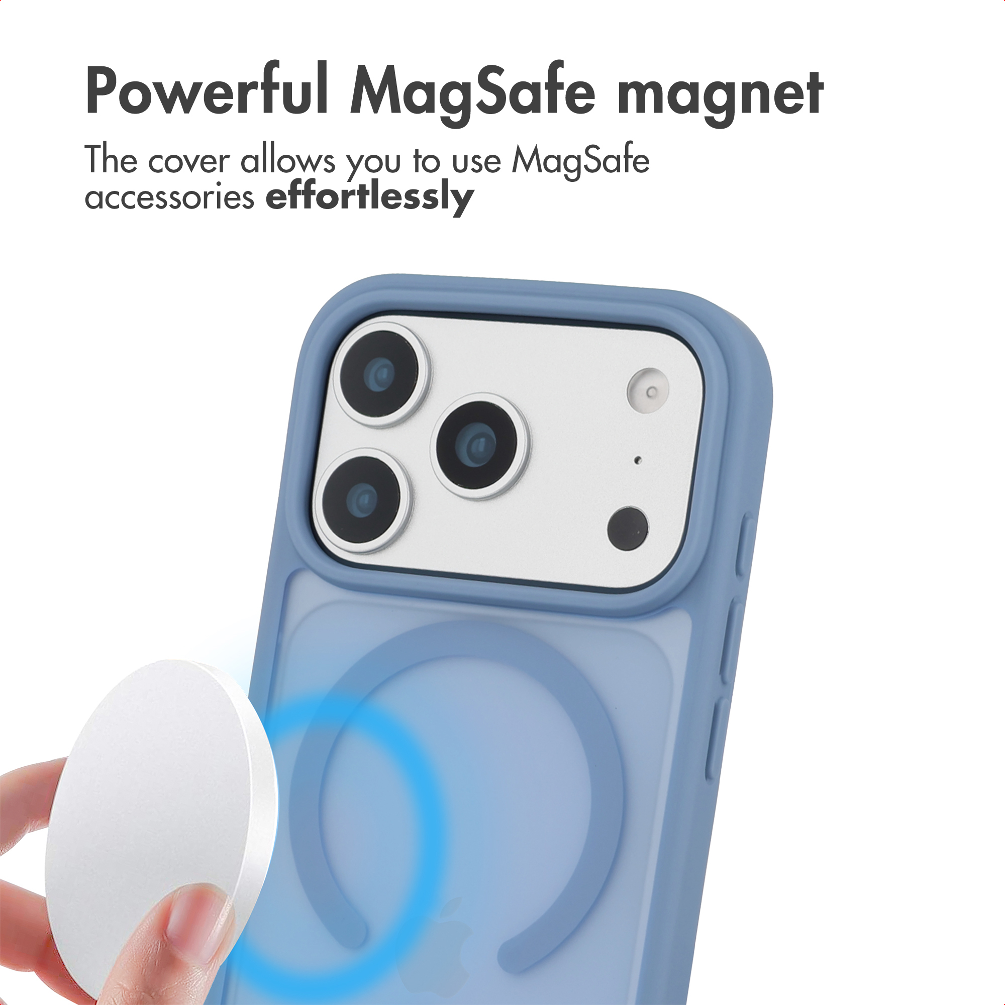 A hand holds a MagSafe charger near the back of a blue phone case, highlighting its magnetic feature.