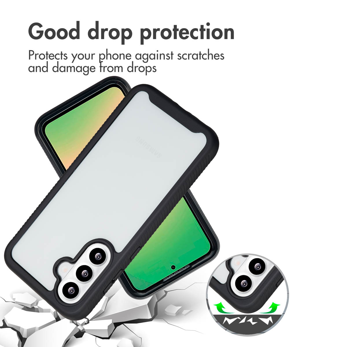 Funda de teléfono con protección contra caídas sobre fondo blanco con texto.