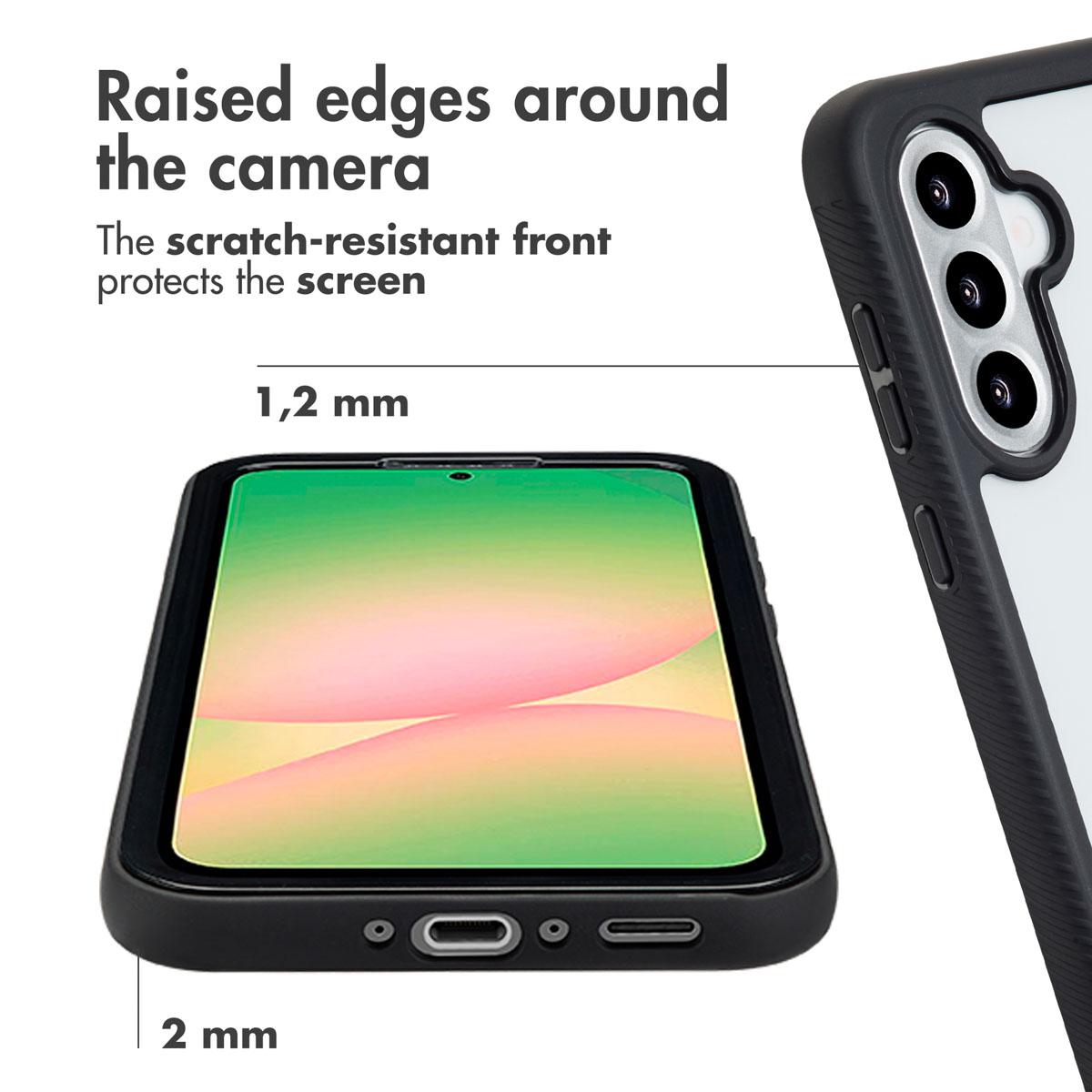 Smartphone en funda con bordes elevados que protegen cámara y pantalla.