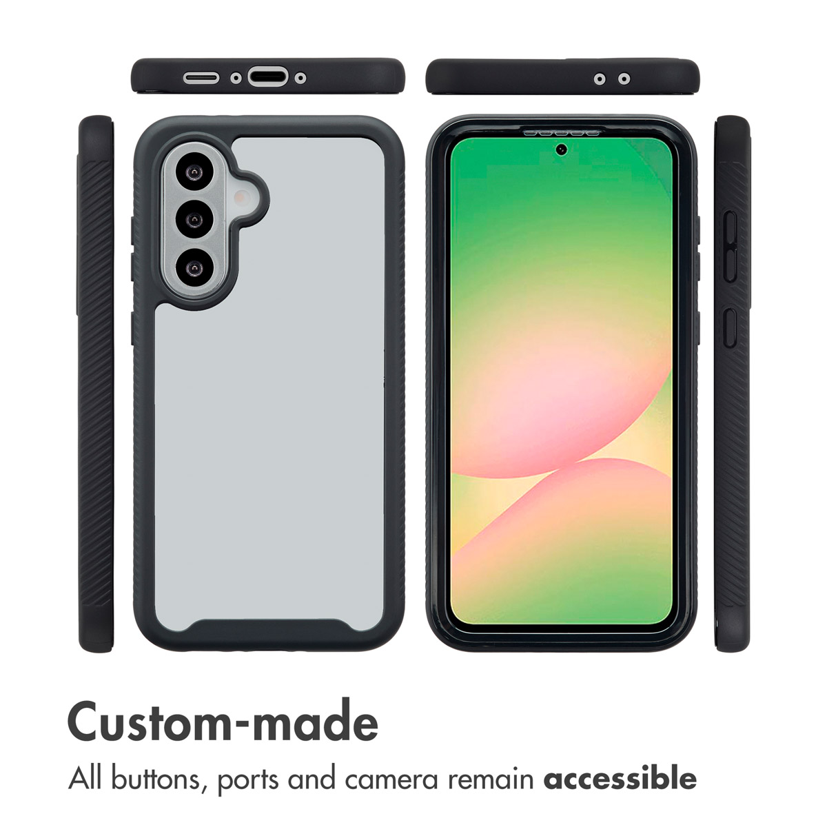Funda protectora negra para teléfono inteligente mostrada desde múltiples ángulos con botones y puertos accesibles.