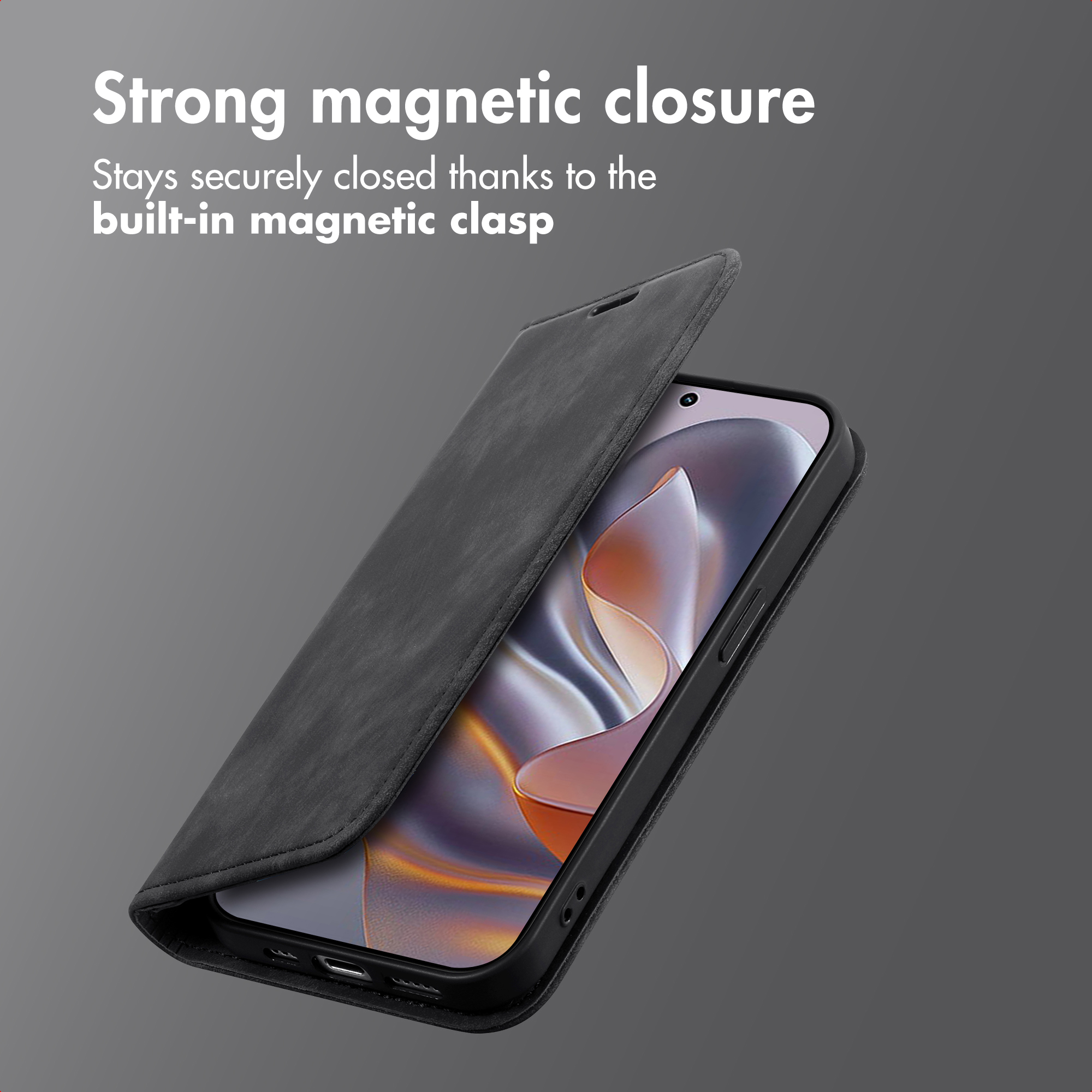Un teléfono con funda abatible negra y texto sobre cierre magnético fuerte.