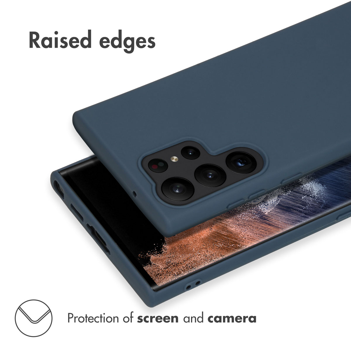 Une coque de téléphone bleu foncé sur un smartphone, avec du texte sur les bords surélevés.