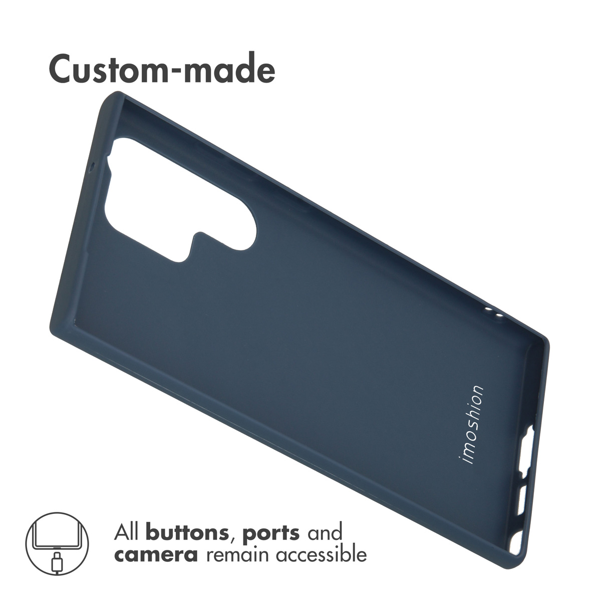 Coque de téléphone bleu foncé sur mesure avec découpes pour boutons, ports et caméra.