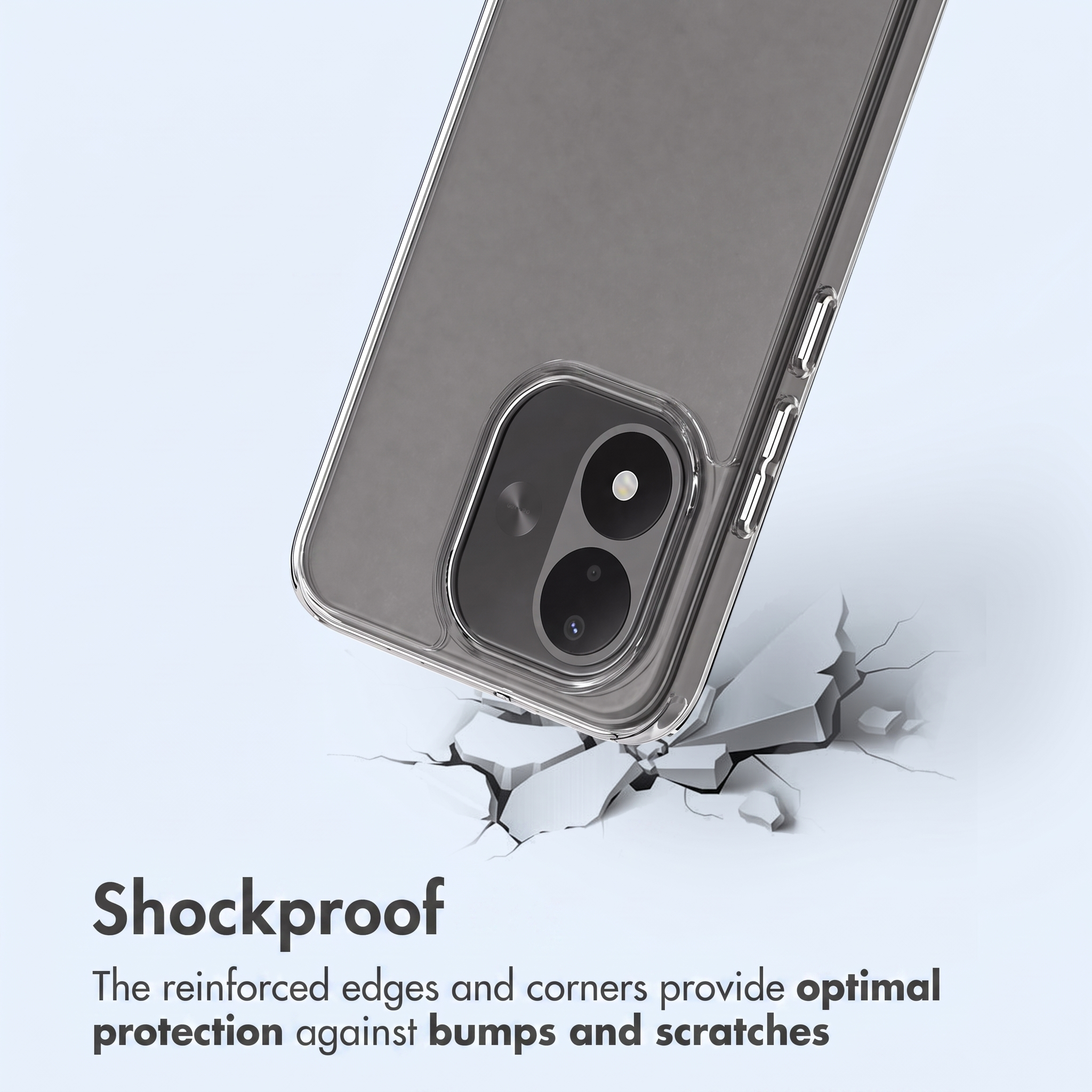 Una funda de móvil antichoque muestra esquinas reforzadas que protegen contra golpes y arañazos sobre fondo claro.