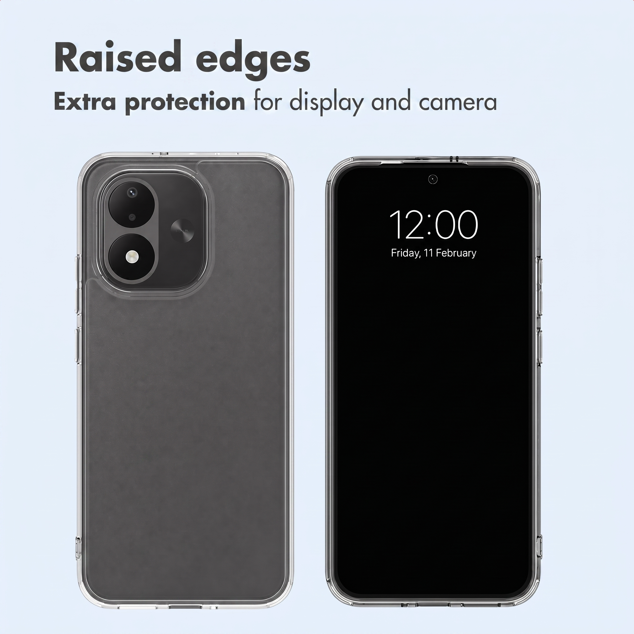 Smartphone en funda protectora transparente, mostrando parte delantera y trasera con bordes elevados.