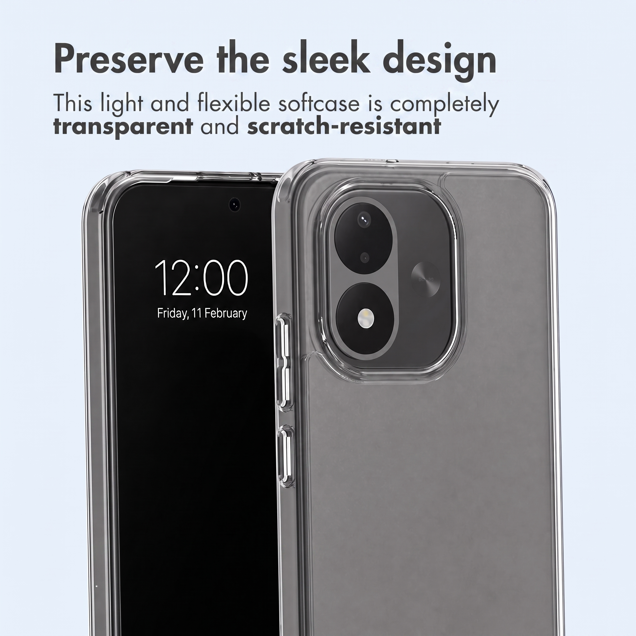 Dos smartphones en una funda protectora transparente con doble cámara, texto arriba.