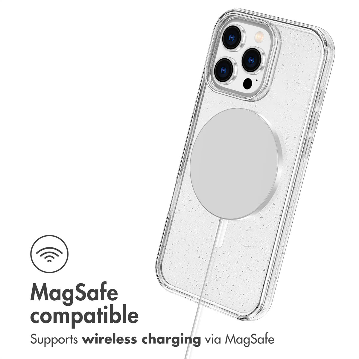 Clear phone case with MagSafe ring and charging cable on white background.