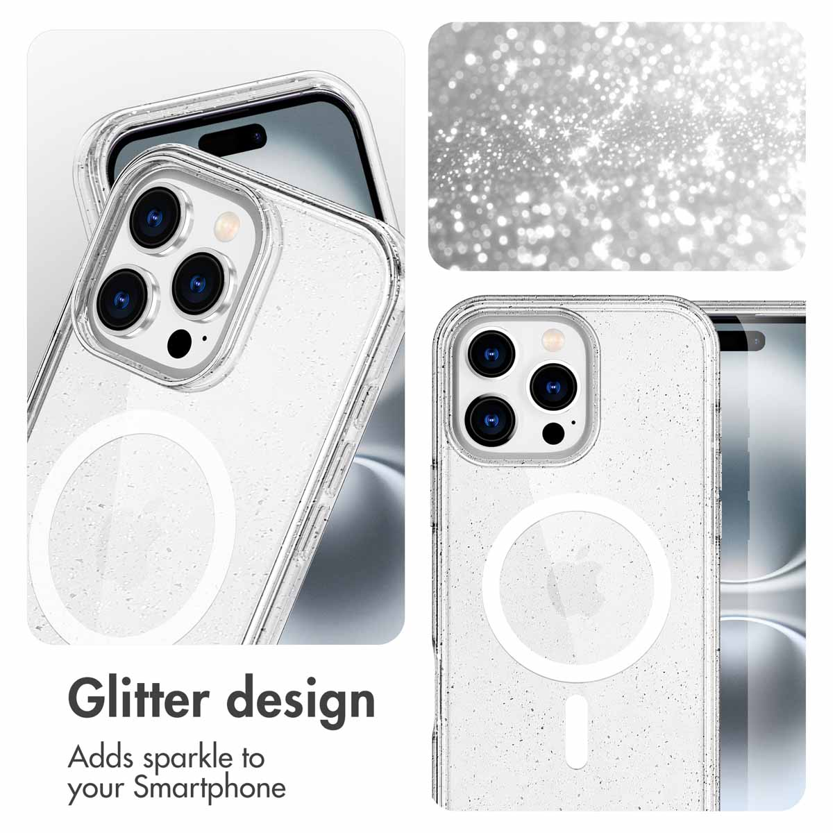 A clear glitter phone case with a magnetic charging ring, shown on a smartphone with a sparkling background.