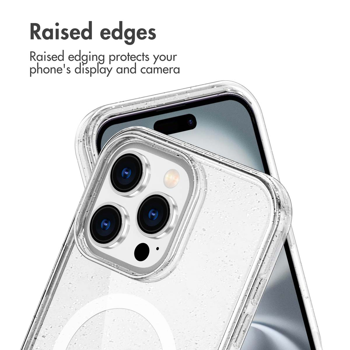 Raised edges of a transparent phone case protect a smartphone's display and camera.