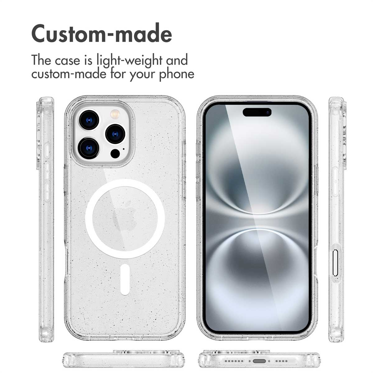 Transparent custom-made phone case with MagSafe ring shown from multiple angles alongside text.