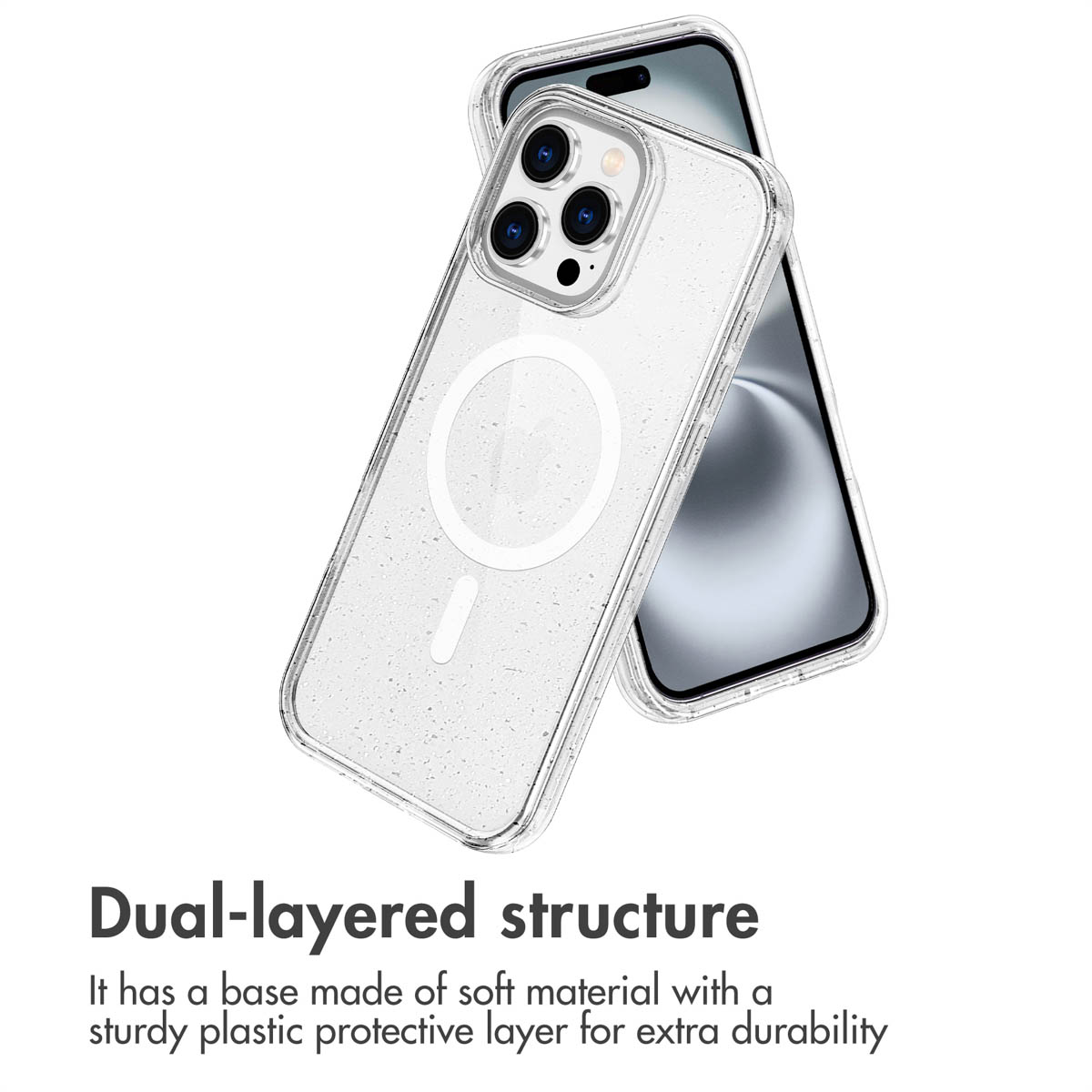 Clear smartphone case with MagSafe ring and triple camera, shown on a white background with text.