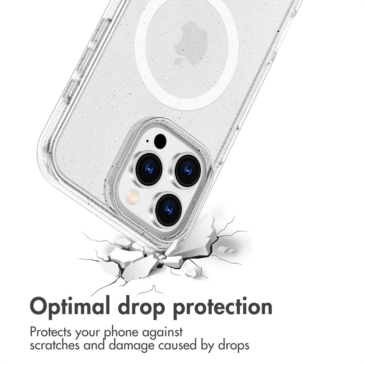 A clear iPhone case with MagSafe ring, shown protecting a phone from a cracked white surface. Text reads drop protection.