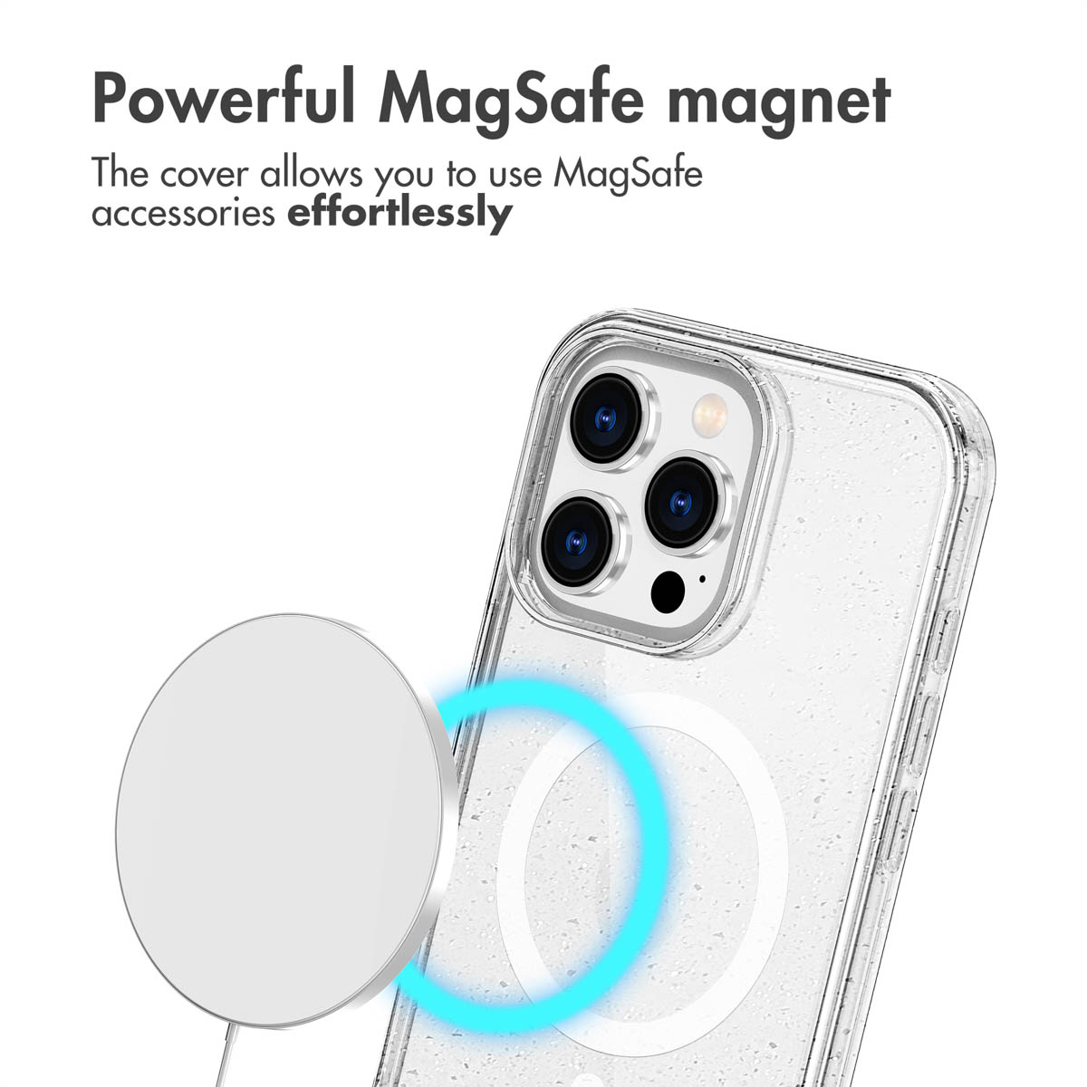 A clear phone case with a MagSafe charger aligning on a white background, featuring text about powerful magnets.