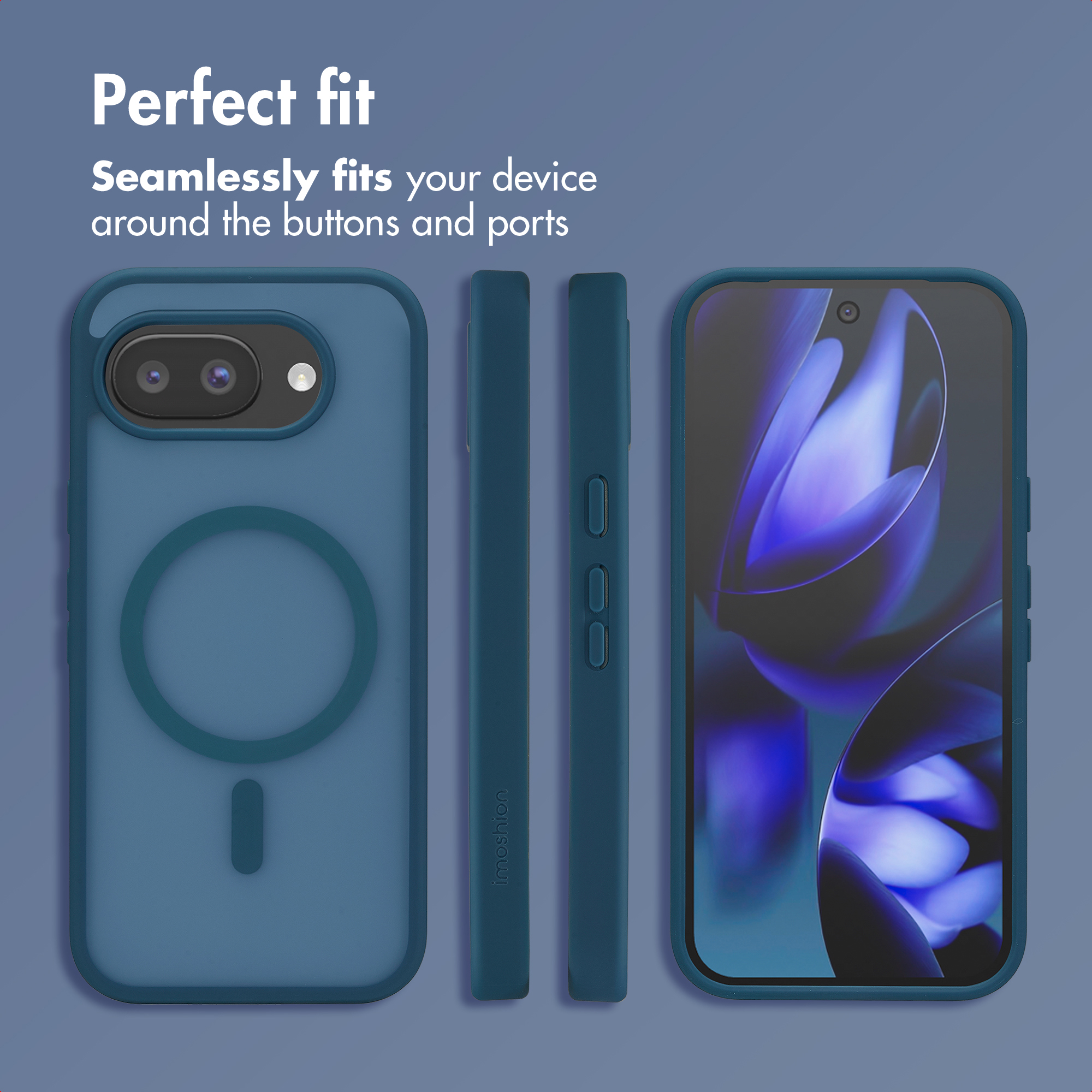 Custodia per smartphone blu mostrata da più angolazioni con testo.