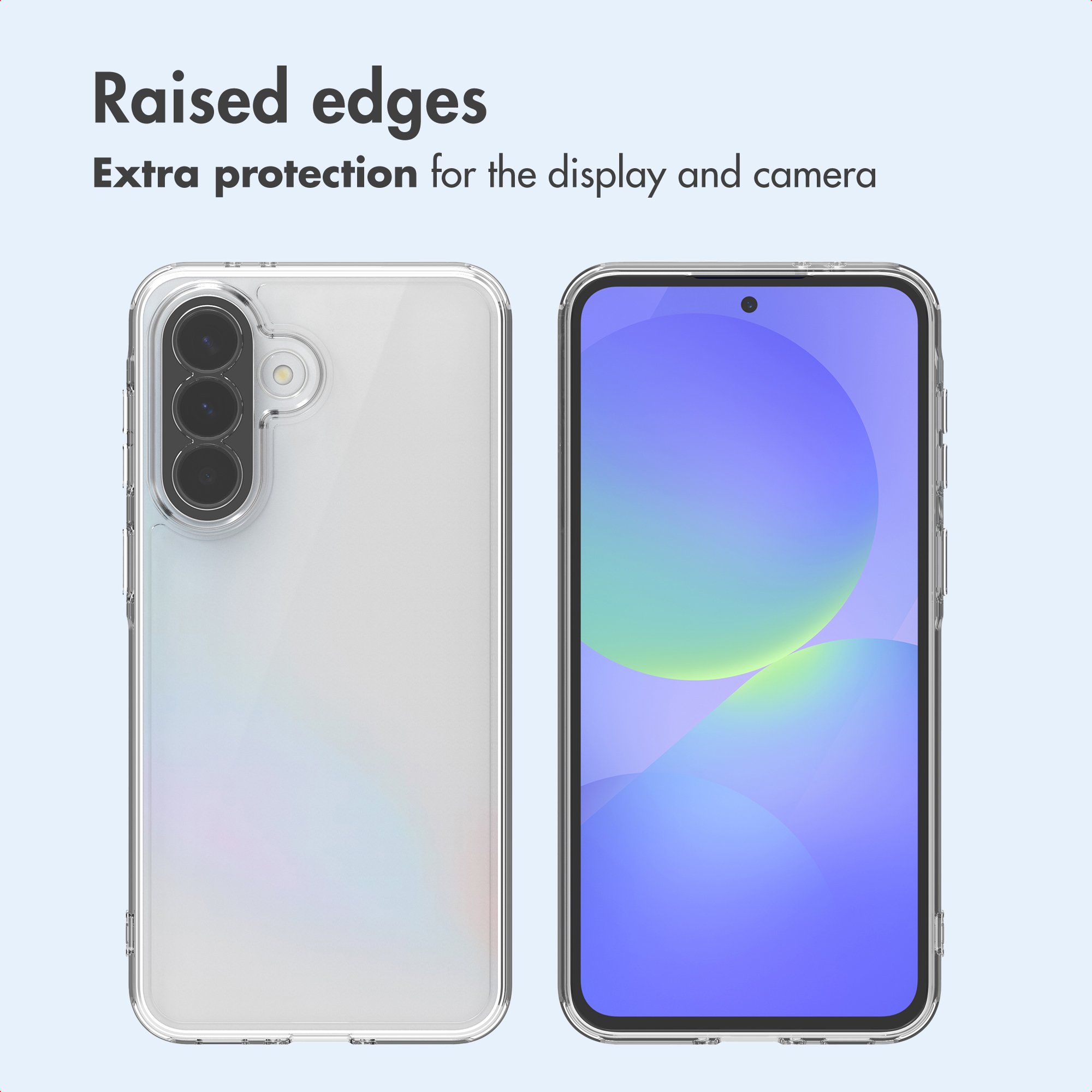 Cover trasparente per telefono con protezione per schermo e fotocamera su sfondo blu.