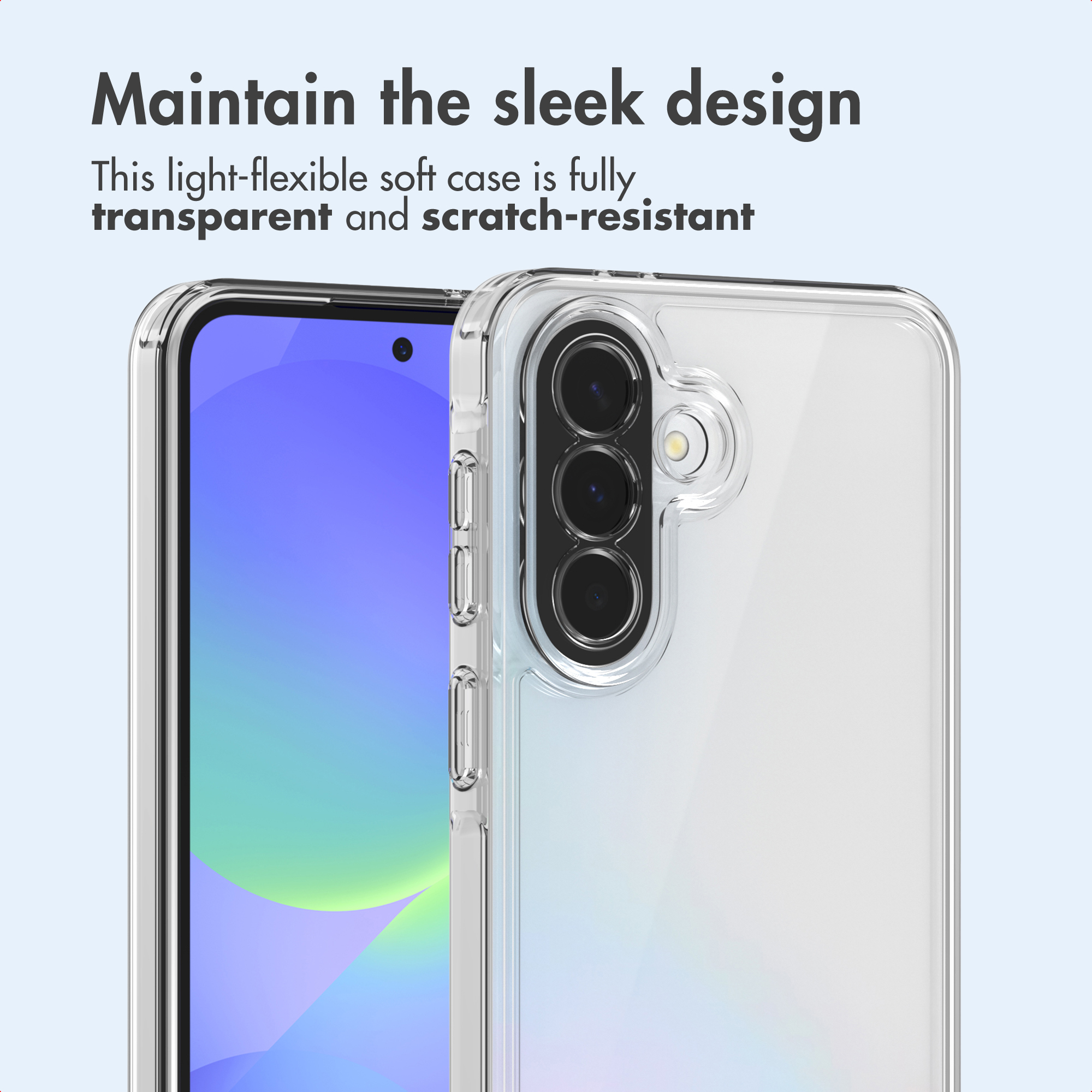 Custodia protettiva trasparente e flessibile su uno smartphone con tripla fotocamera.