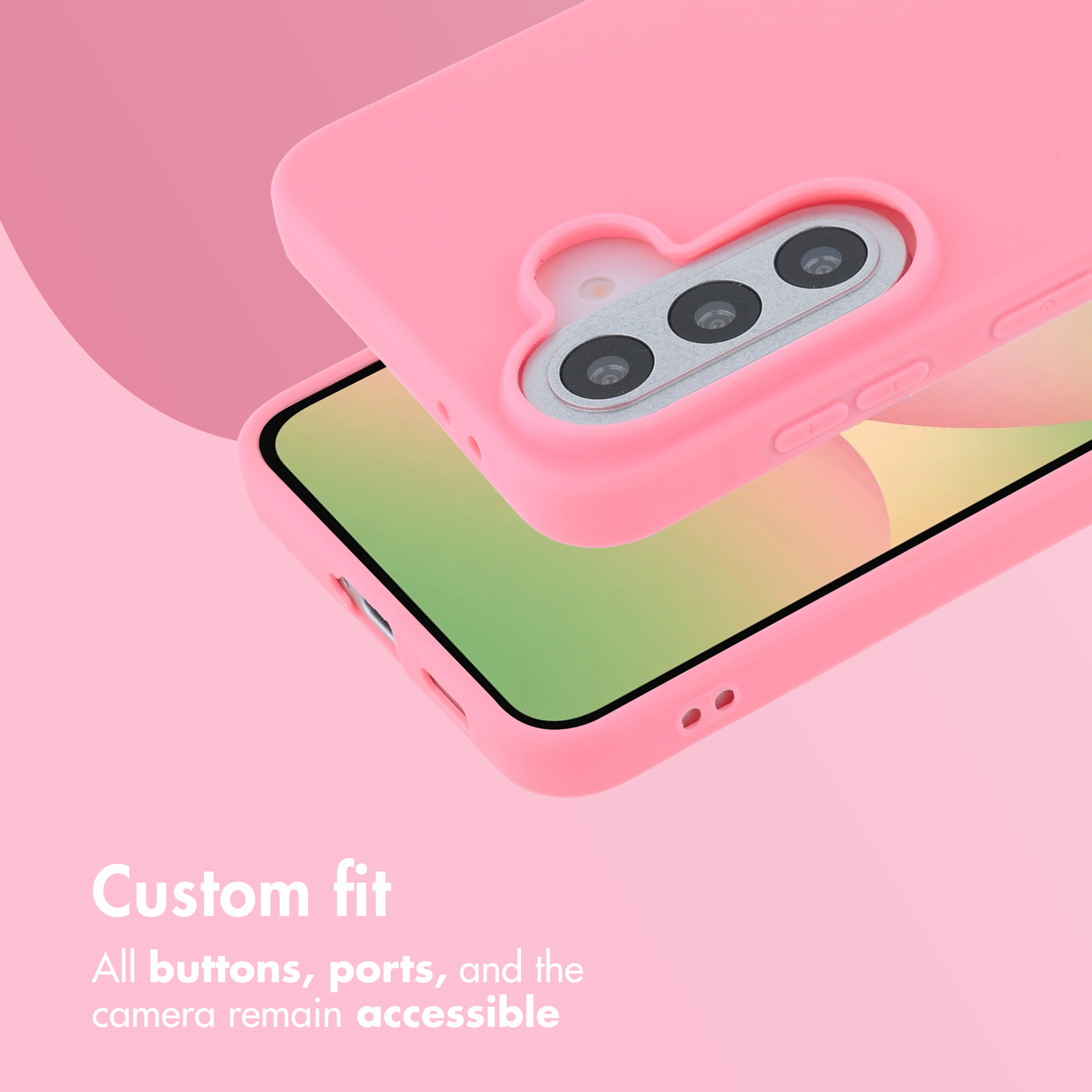 Custodia per smartphone rosa con aperture precise per fotocamera e tasti su sfondo rosa.