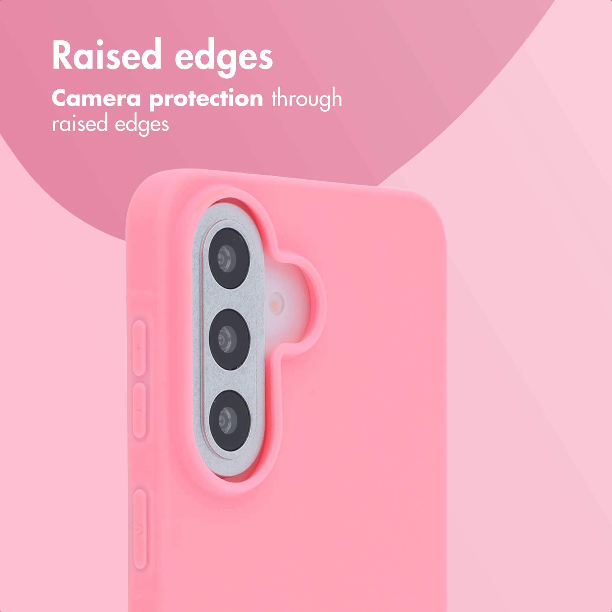 Custodia per telefono rosa con bordi rialzati attorno alla fotocamera.