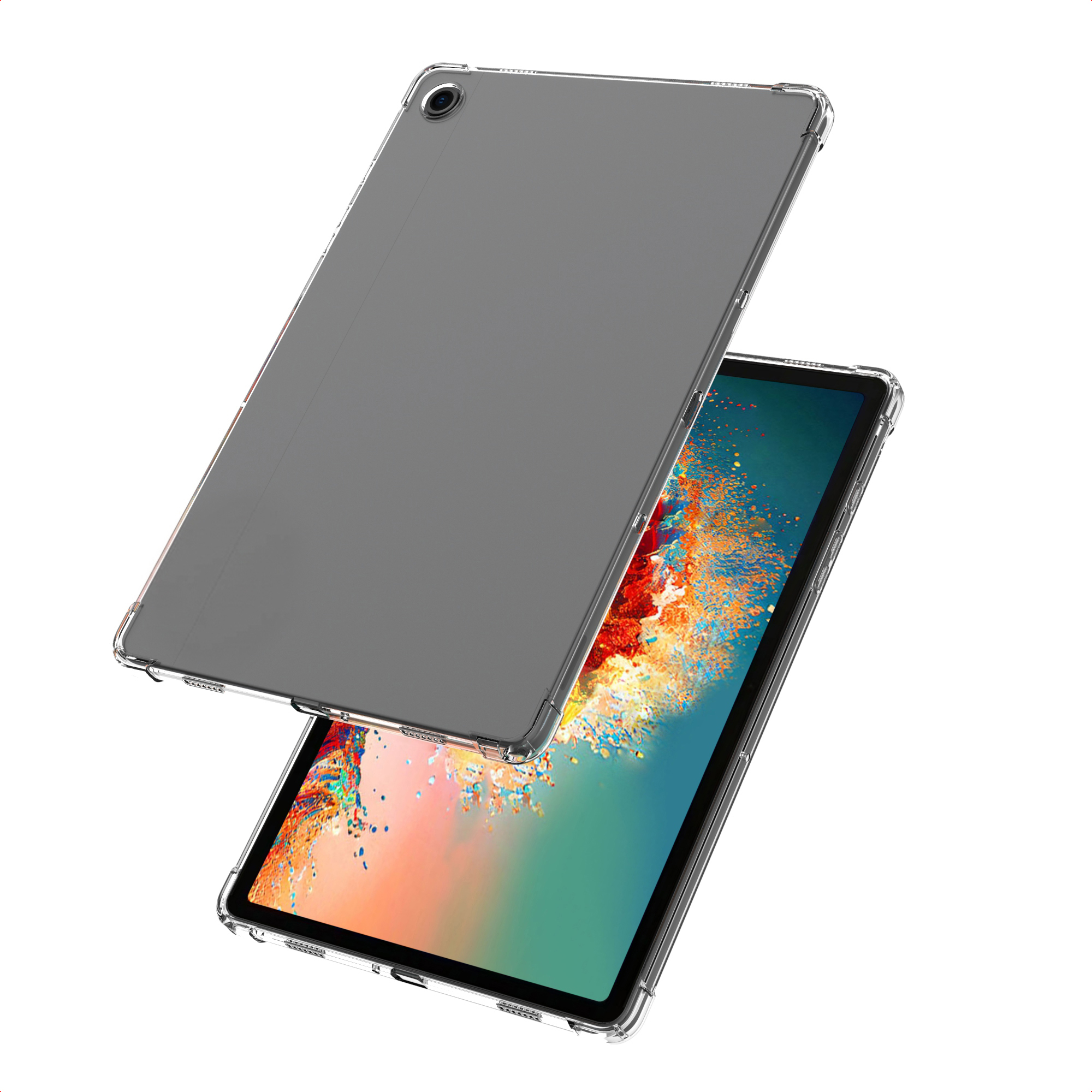 A tablet in a clear protective case, showing front and back views against a white background.