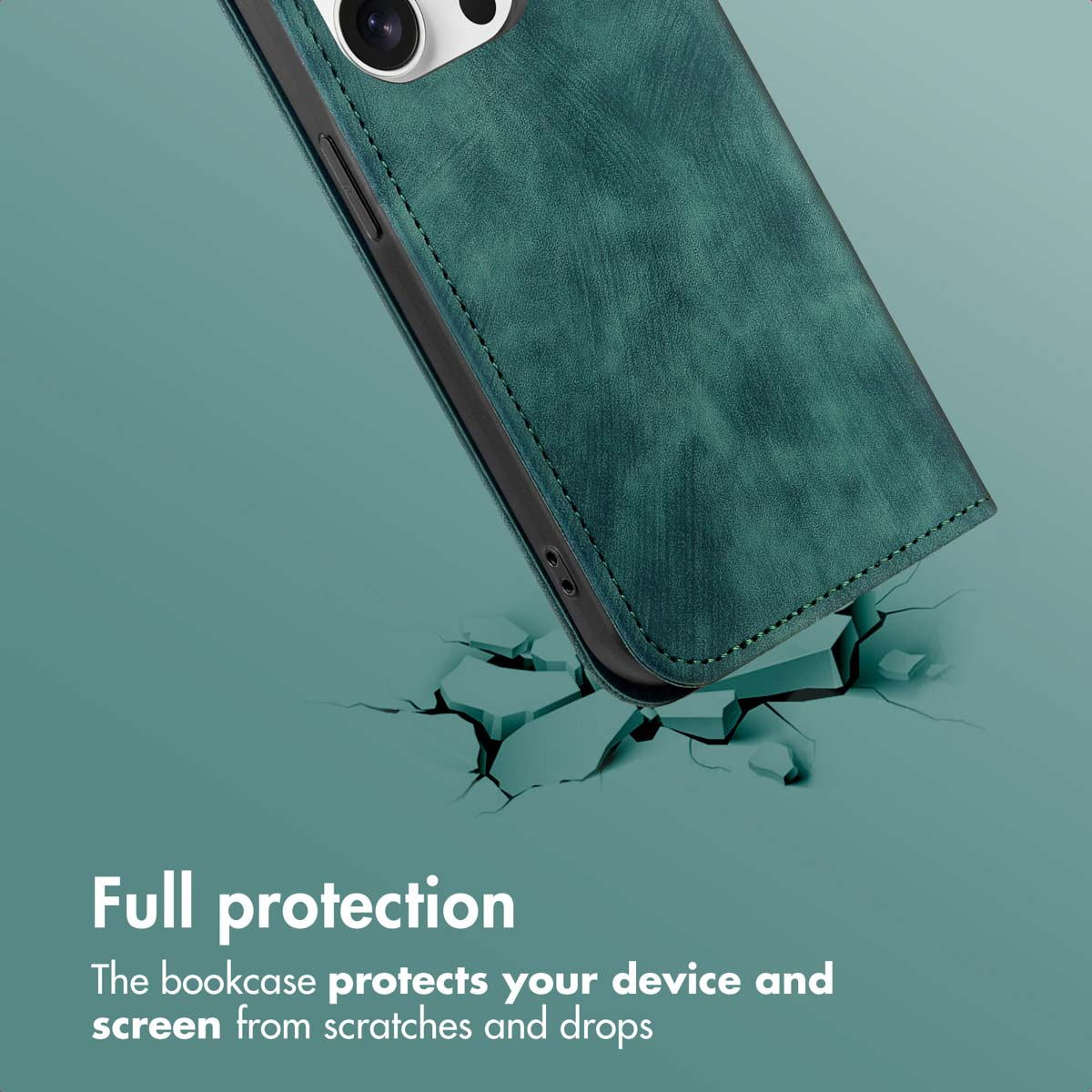 Una custodia verde per smartphone fluttua sopra una superficie screpolata. Testo: Full protection.