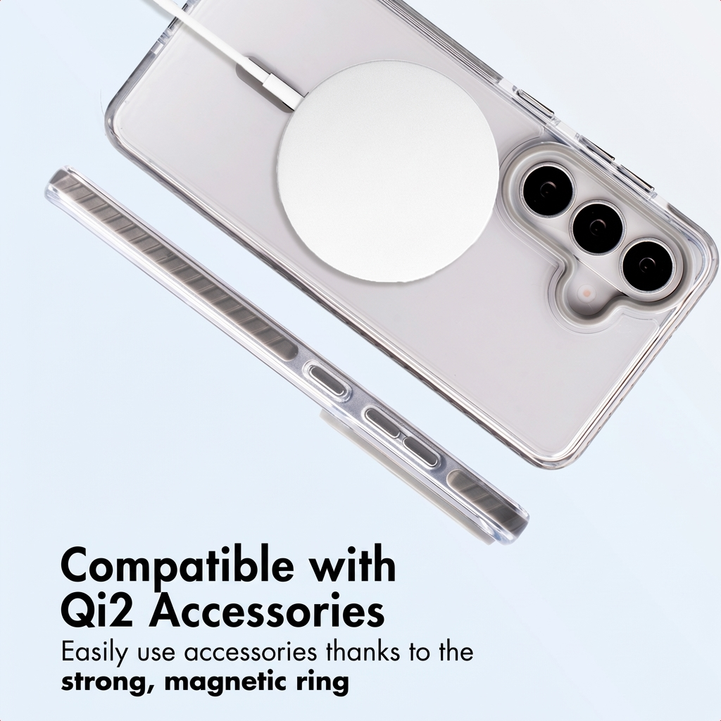 Smartphone in transparentem Case mit magnetischem Ring und Text unten.