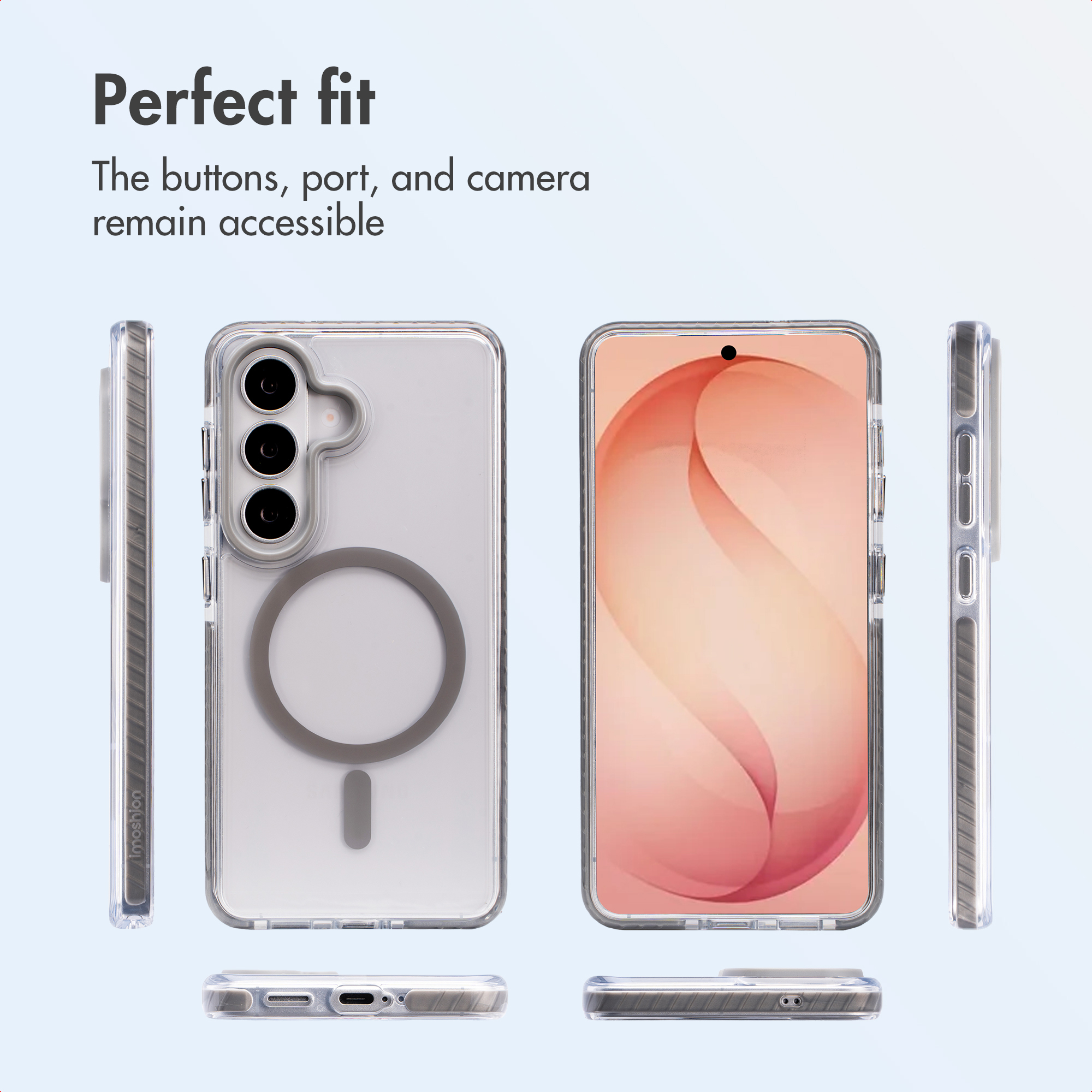 Verschiedene Ansichten einer klaren Smartphone-Hülle mit MagSafe-Ring und Ausschnitten für Tasten und Anschlüsse.