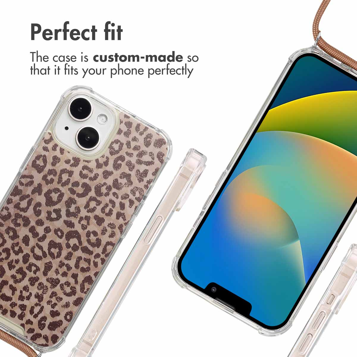 Custodia per telefono con stampa leopardata e testo.