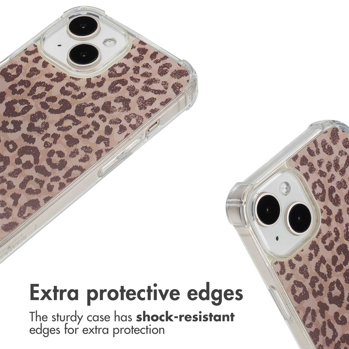Due cover per smartphone con stampa leopardata e angoli protettivi rinforzati su sfondo bianco.