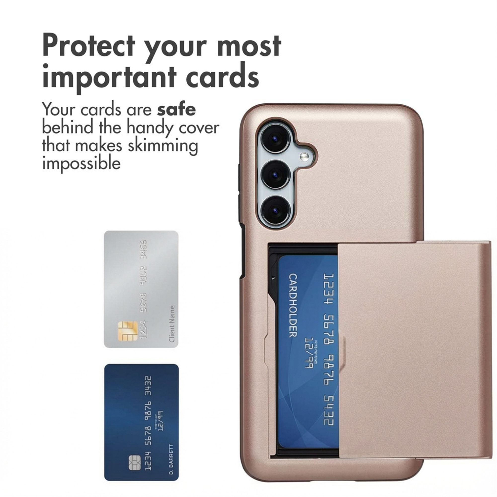 Ein rosegoldenes Handy mit einem Fach auf der Rückseite für Kreditkarten, links zwei Beispielkarten.