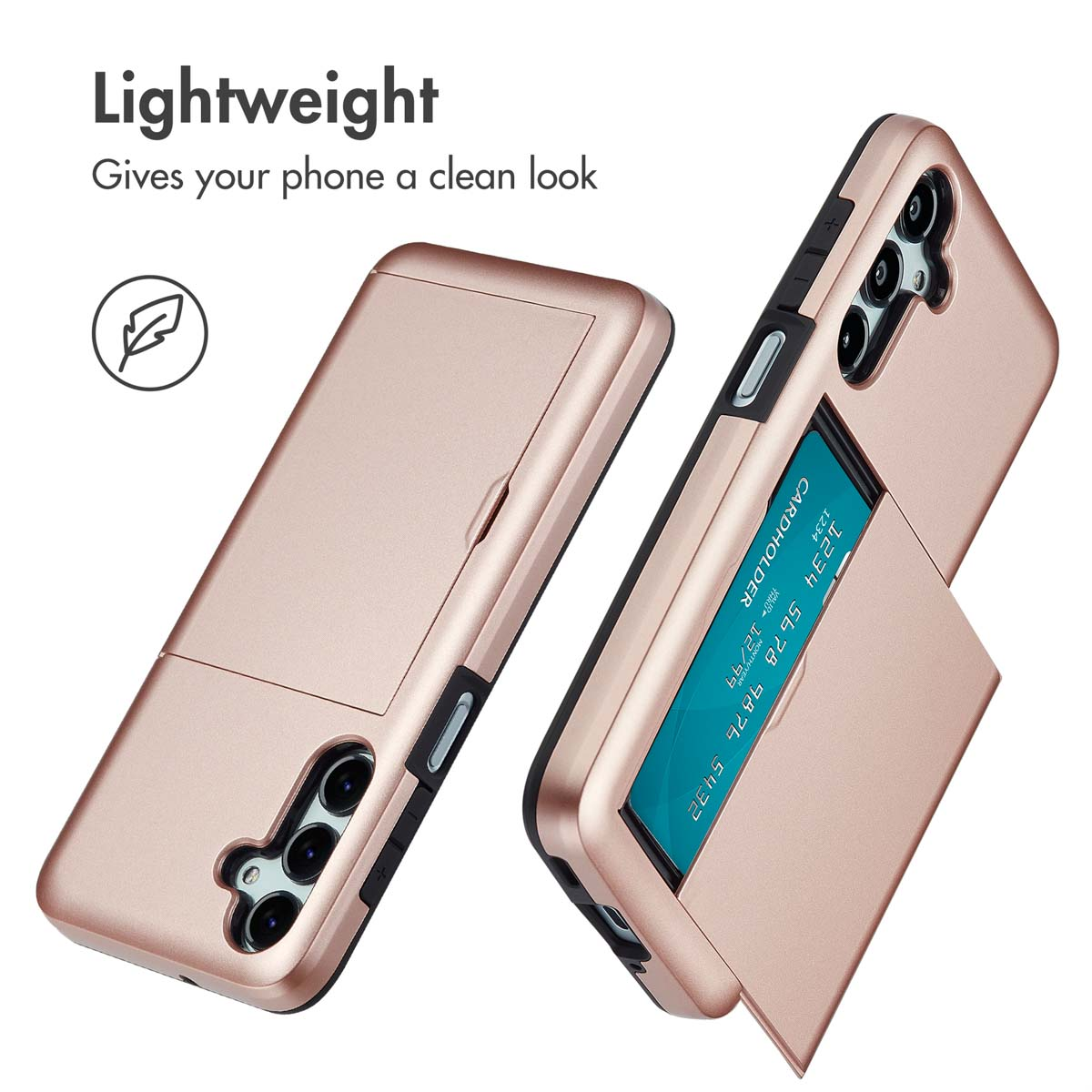 Rosegoldene Smartphone-Hülle mit integriertem Kartenfach auf der Rückseite und Kameraaussparung.
