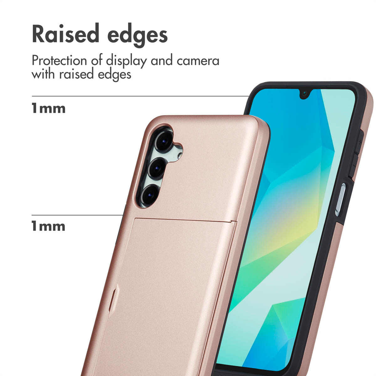 Diagramm zeigt 1mm erhöhte Kanten eines roséfarbenen Smartphone-Etuis zum Schutz von Display und Kamera.