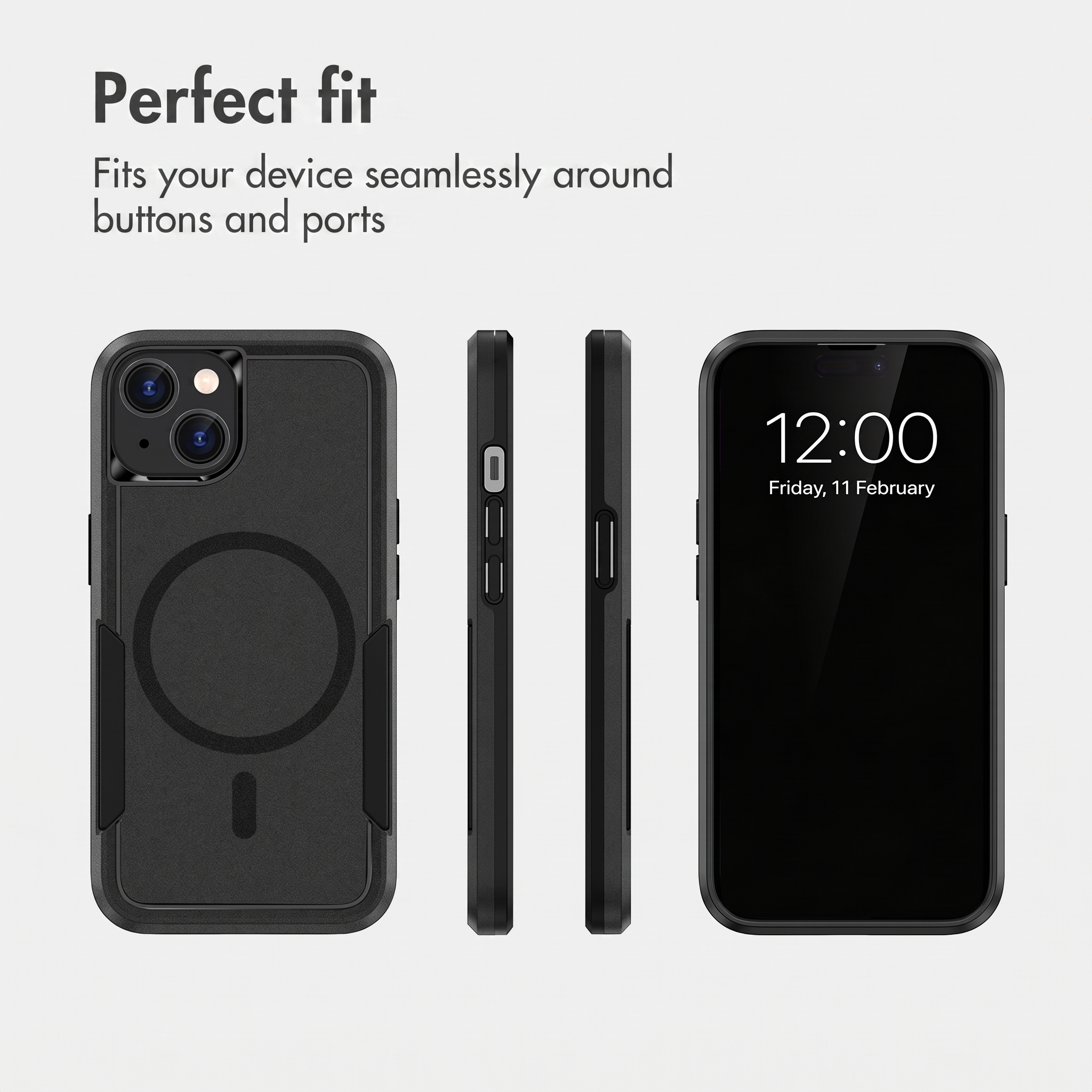 Schwarze Schutzhülle für ein Smartphone mit Ausschnitten für Tasten und Anschlüsse auf weißem Hintergrund.