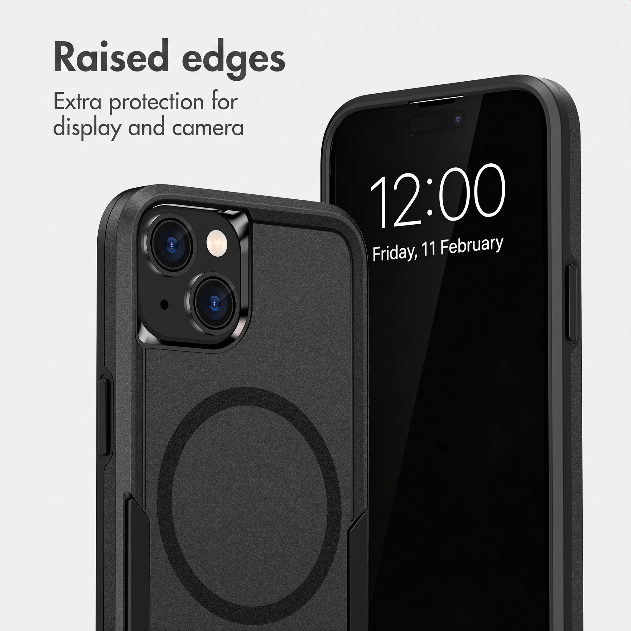 Schwarze Schutzhülle für Smartphones mit erhöhten Kanten für Display- und Kameraschutz.