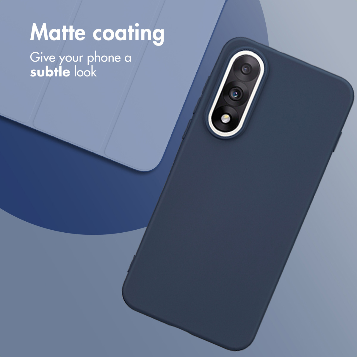 Custodia per smartphone blu con finitura opaca e fotocamera verticale.