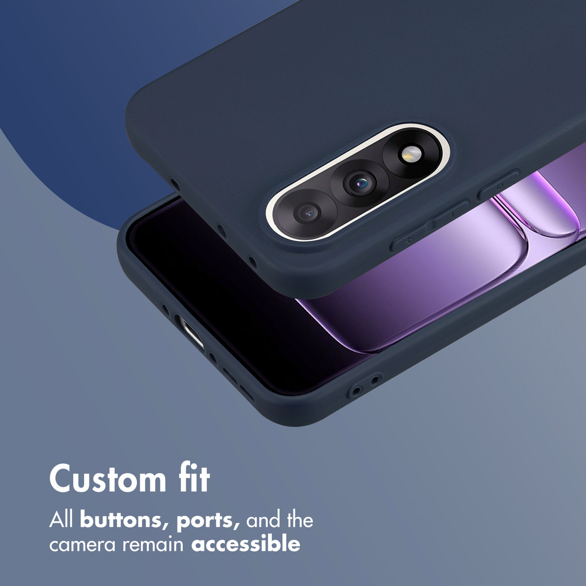 Custodia per smartphone blu scuro con ritagli precisi per fotocamera, pulsanti e porte su sfondo blu.