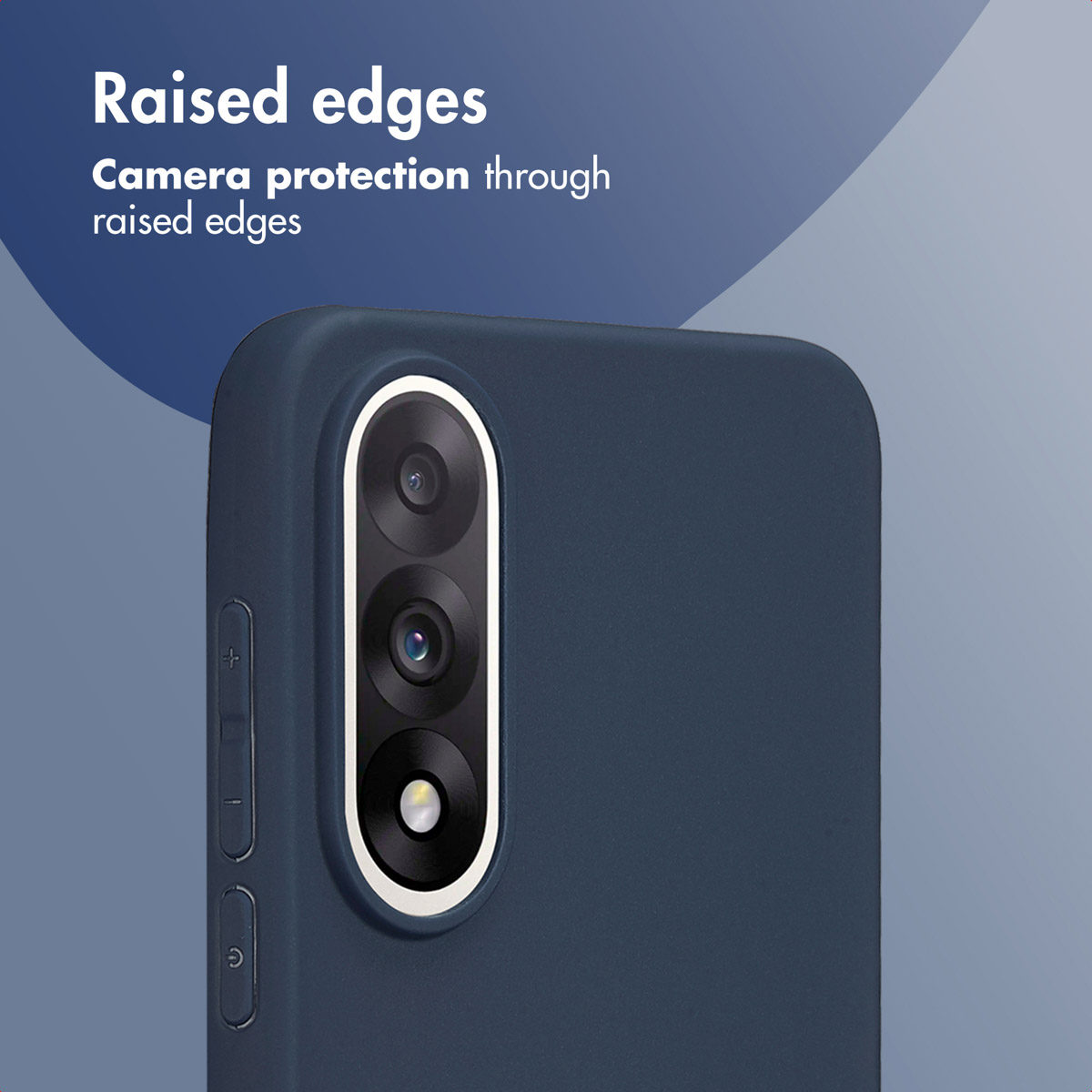 Custodia per smartphone blu con bordi rialzati attorno alla fotocamera.