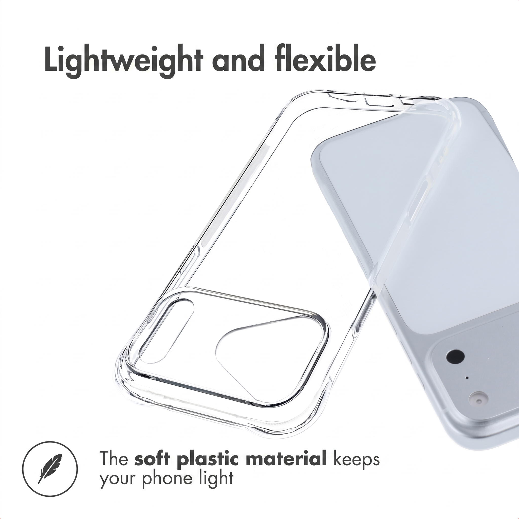 Eine klare, flexible Handyhülle aus Plastik neben einem Smartphone vor weißem Hintergrund.